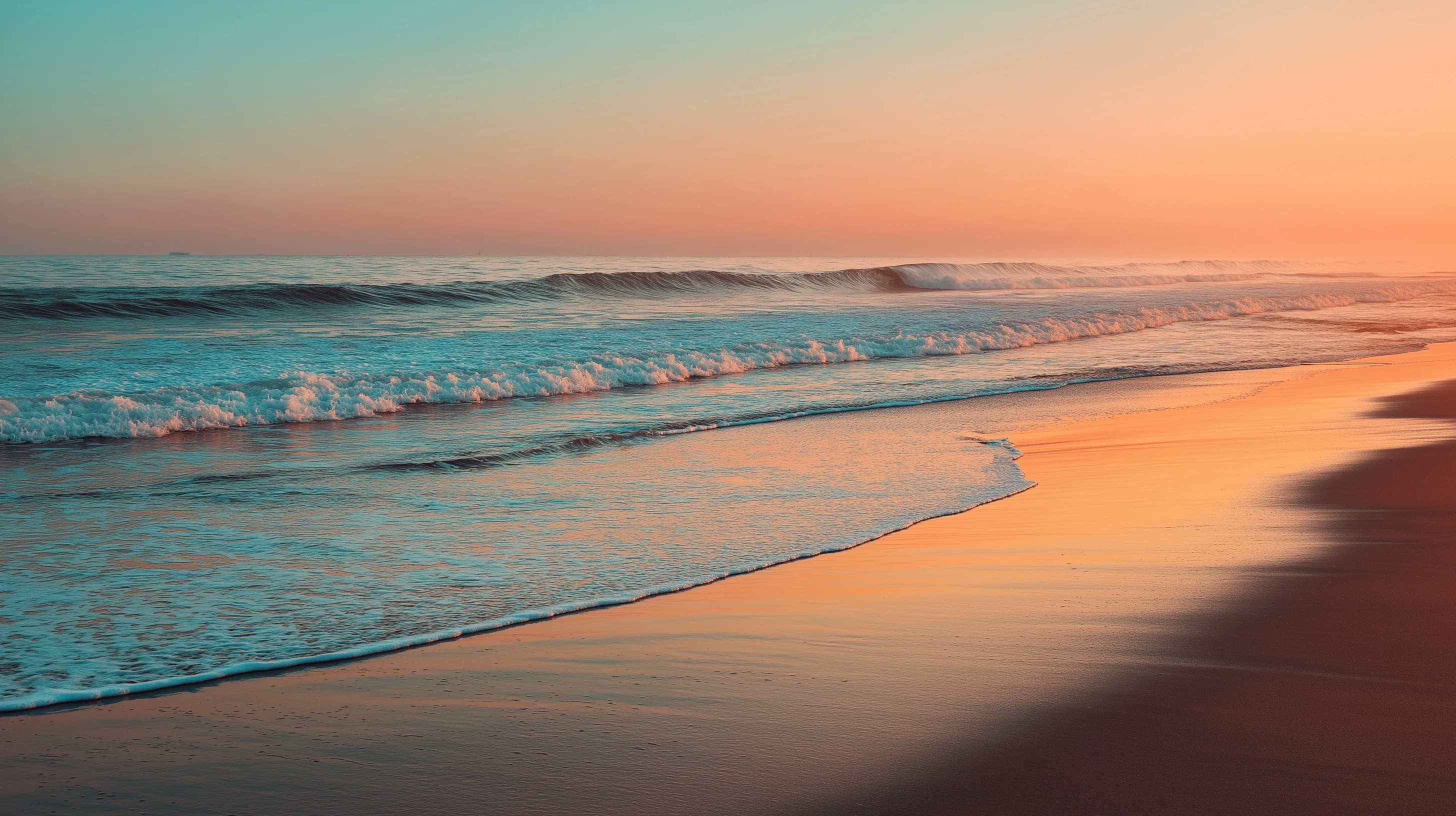 A serene beach at sunset with gentle waves, golden reflections, and a soft pastel sky in a minimalist landscape.