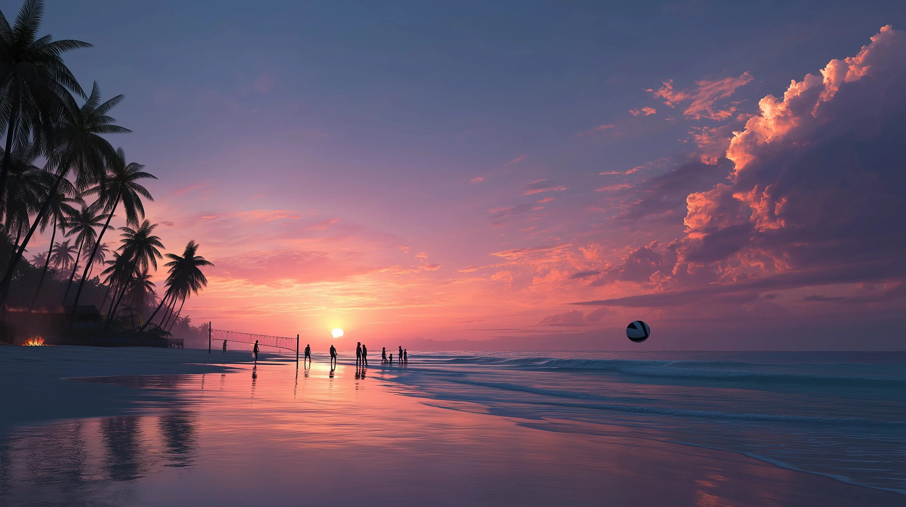 Friends playing volleyball and enjoying a bonfire on a sandy beach during a vibrant sunset.