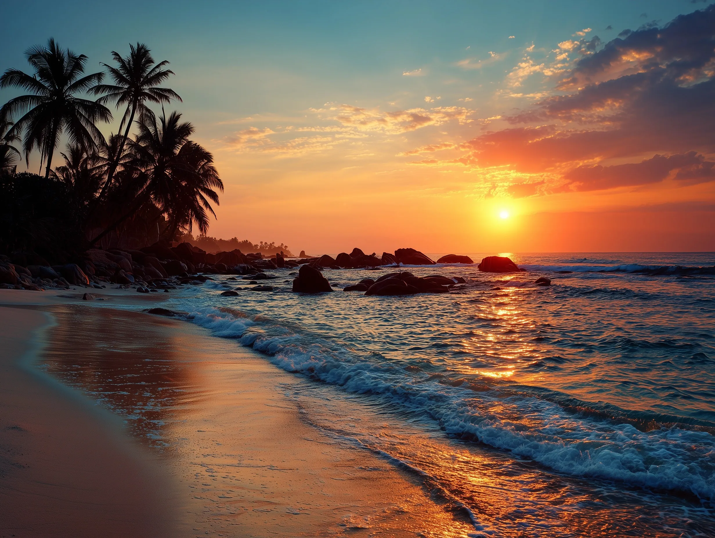 A breathtaking sunset over a serene sandy beach with golden sunlight reflecting on the ocean waves.