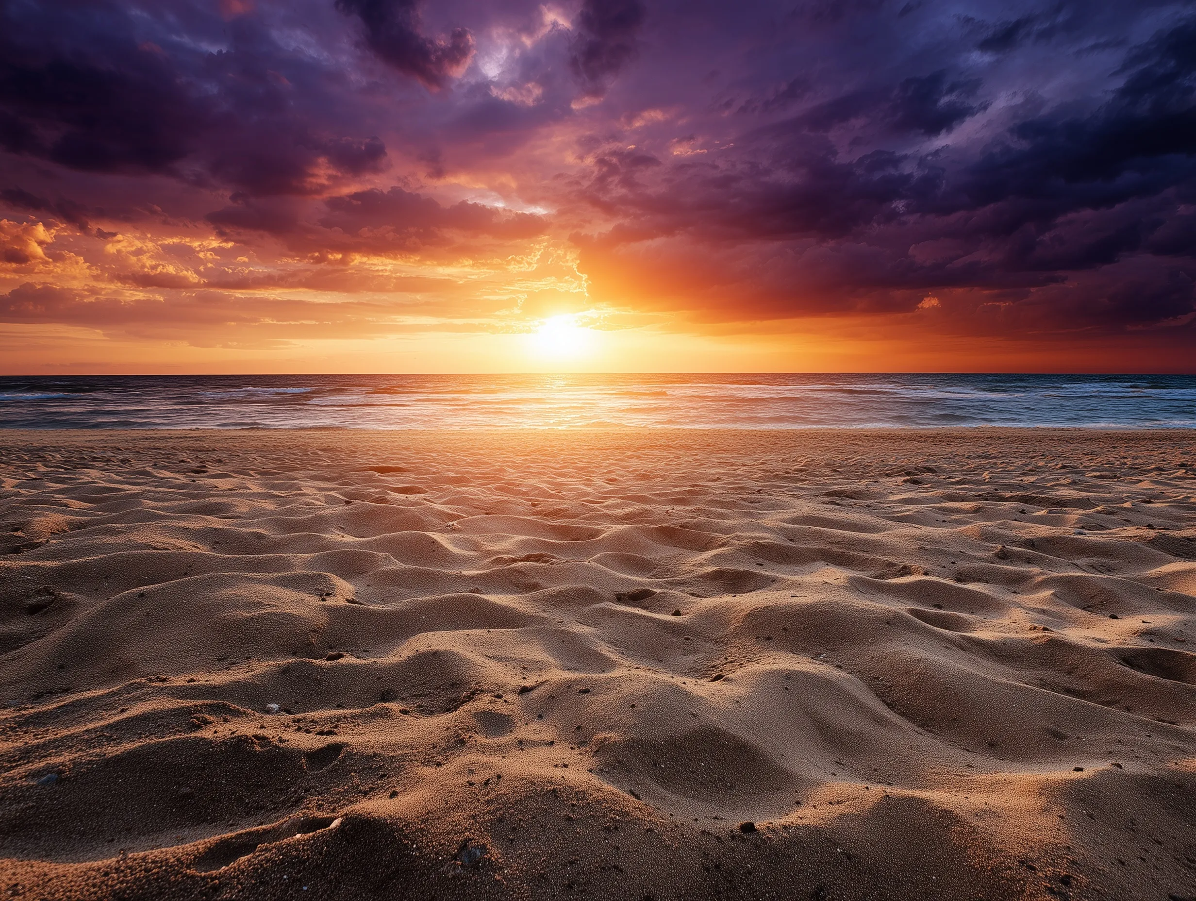 A vivid sunset beach landscape with glowing orange and purple clouds over golden sand in a cinematic, empty scene.