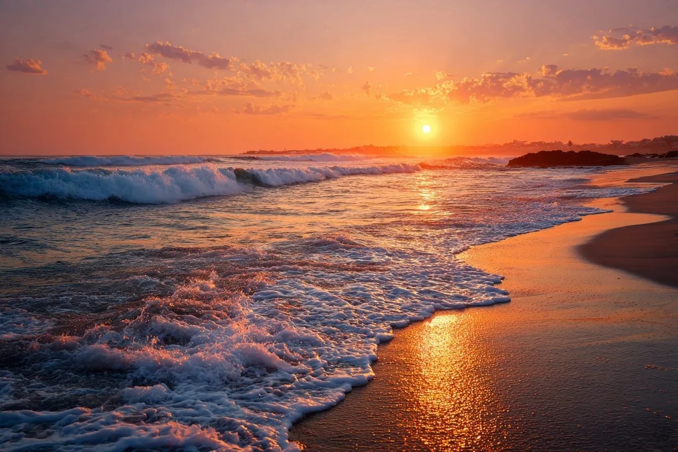 Golden sunset over a tranquil ocean beach with warm light reflecting on the waves and sandy shore.