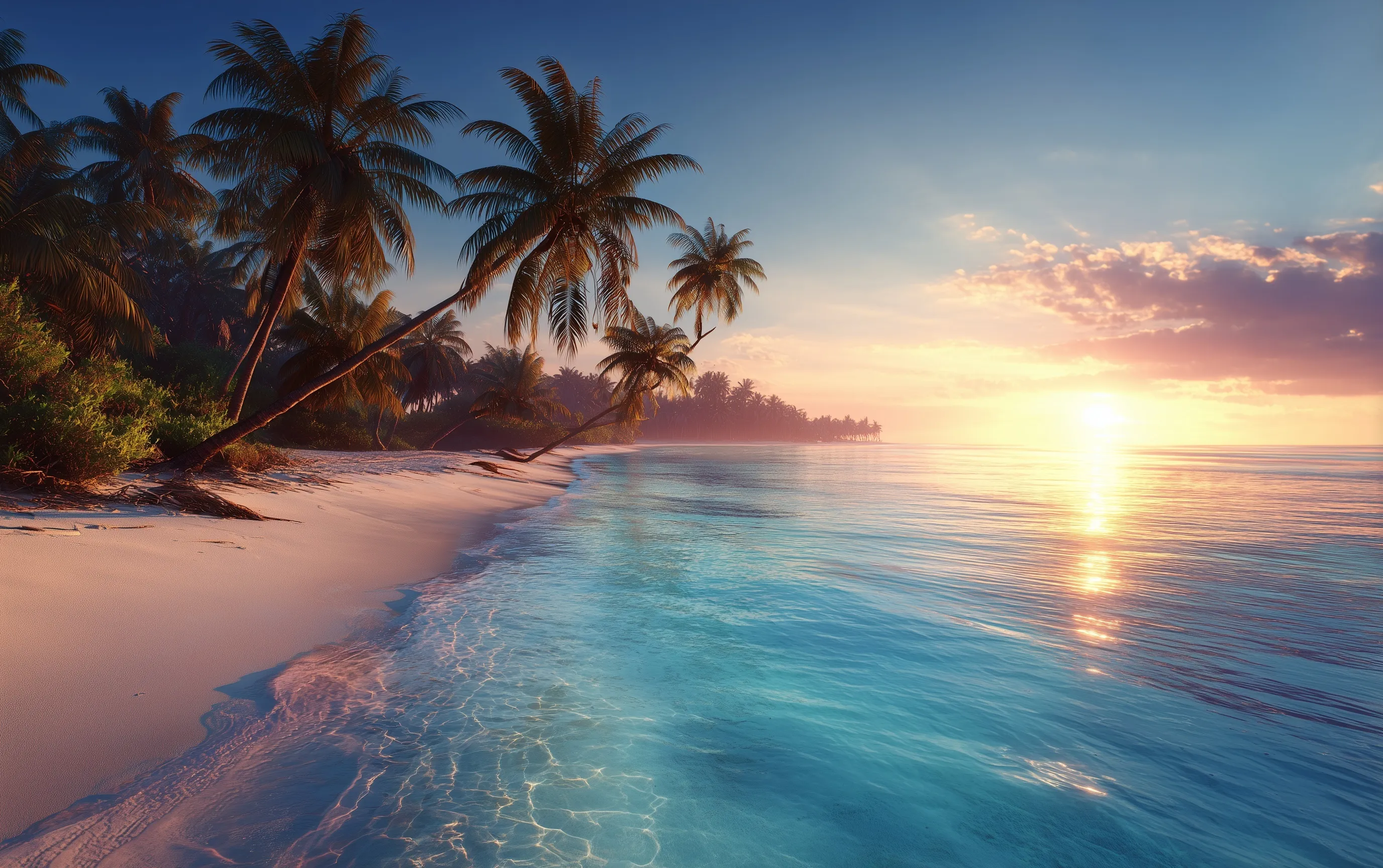 Tropical beach at sunset with white sand, palm trees, and a vibrant golden sky.