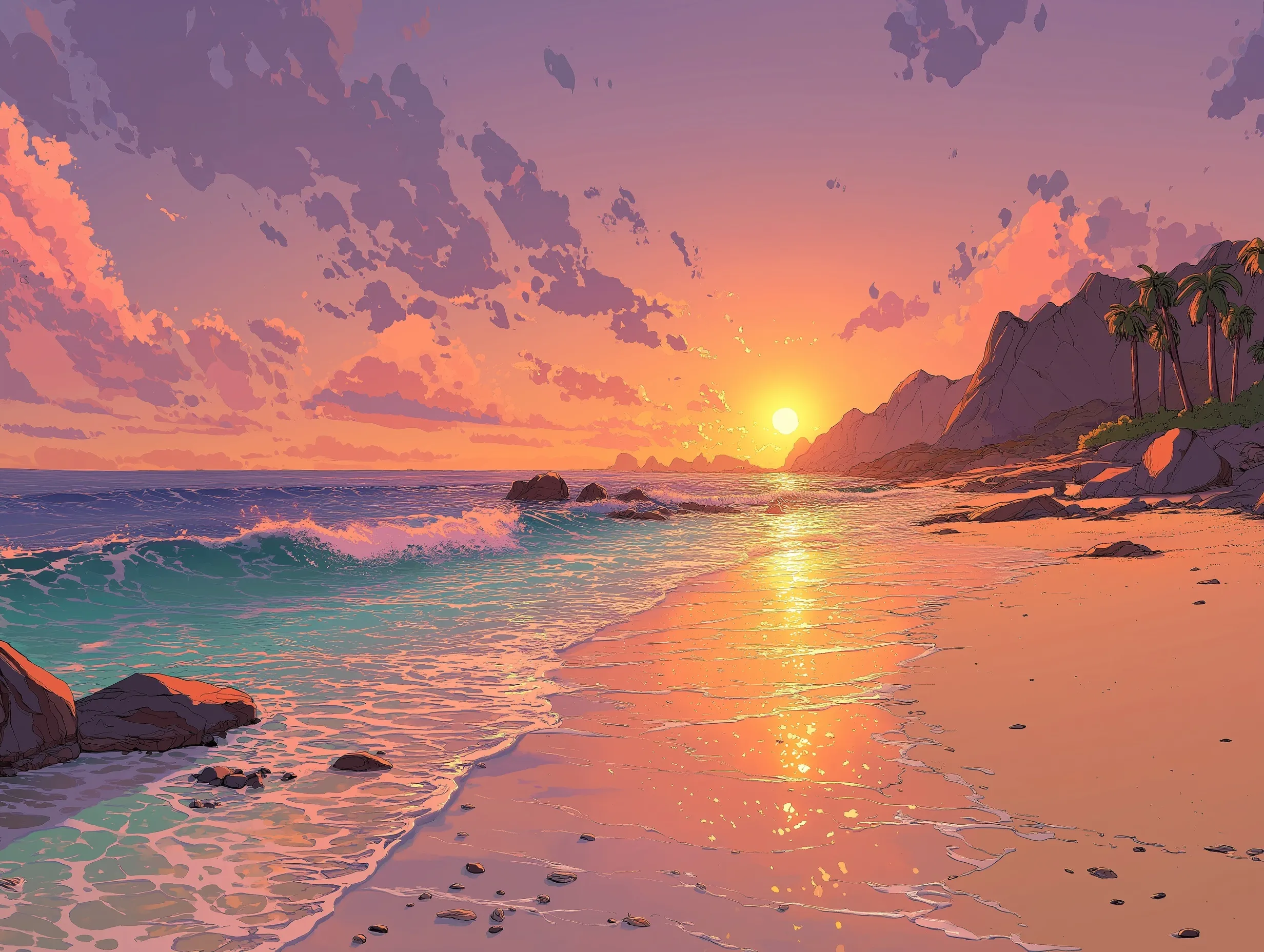 Anime-style sunrise beach wallpaper with golden hour light, soft pastel clouds, and gentle waves on sandy shores.