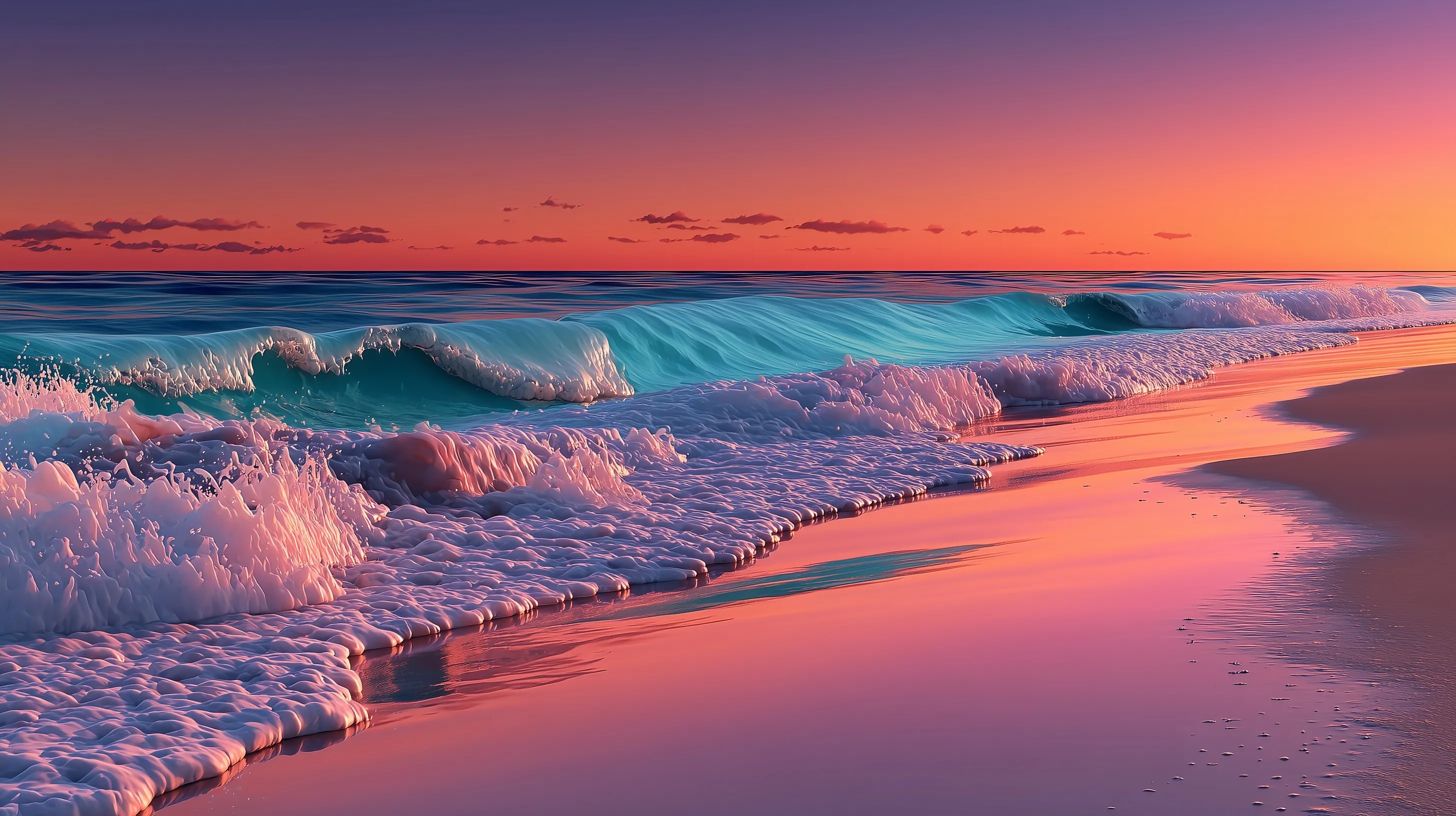 A peaceful digital painting of a tranquil sunset over calm ocean waves with golden and pink sky tones.