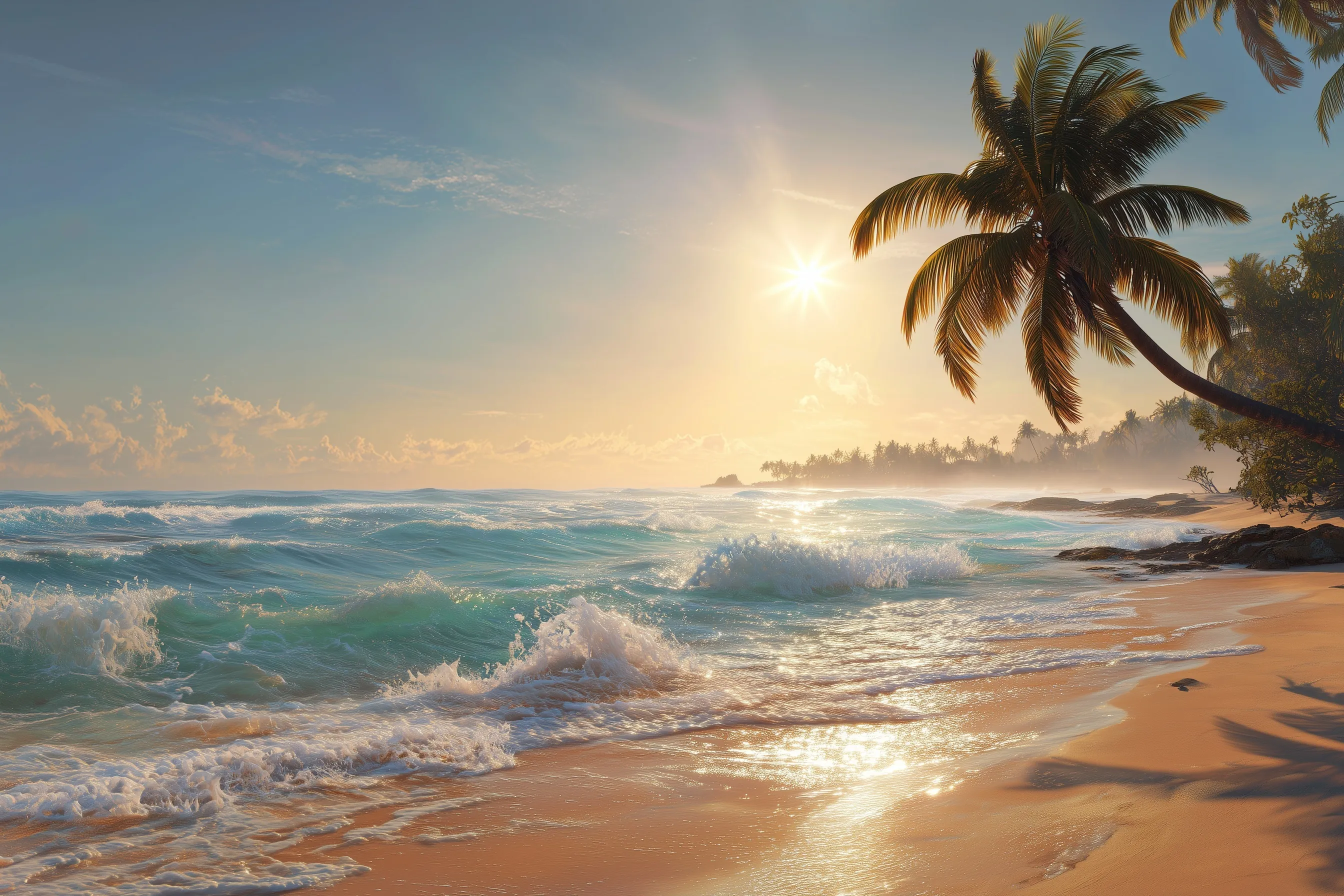 Sunset at Rincon Beach, Puerto Rico with golden sun, turquoise waves, and a leaning palm tree on tropical sand.