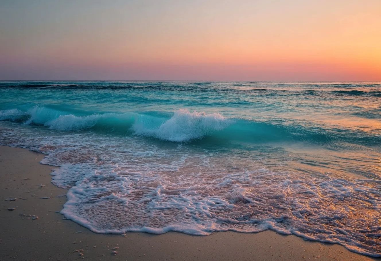 A beautiful sunrise over turquoise ocean waves crashing on a sandy beach.