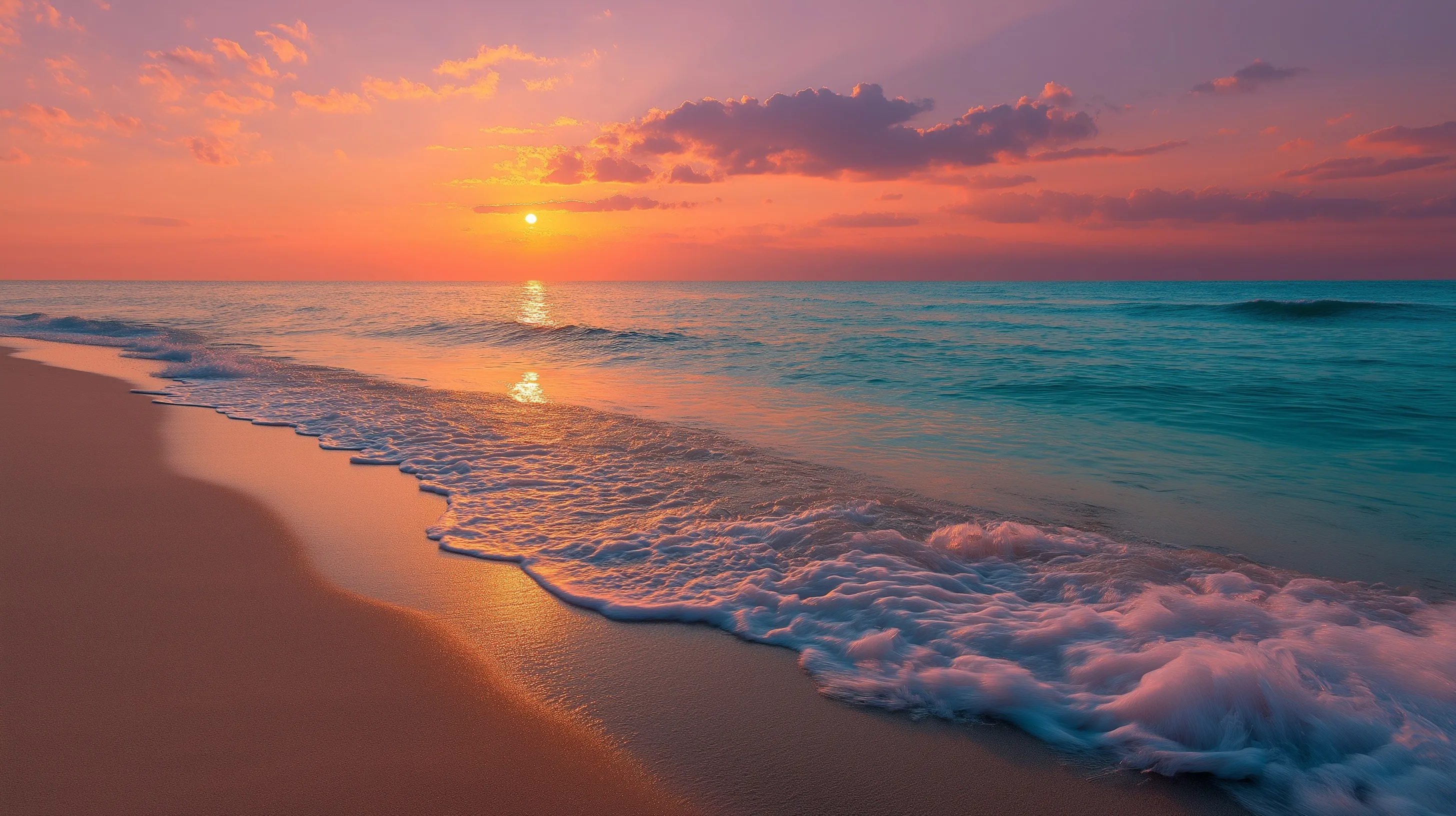 Minimalist beach wallpaper featuring calm, clear waters during a romantic golden sunset.