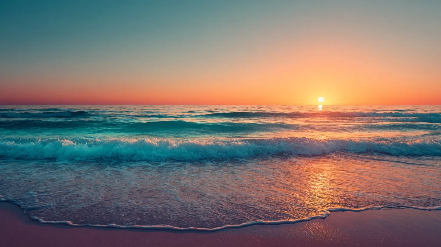 Minimalist sunrise over a calm ocean with golden light, soft coral and turquoise gradients, perfect for web banners.