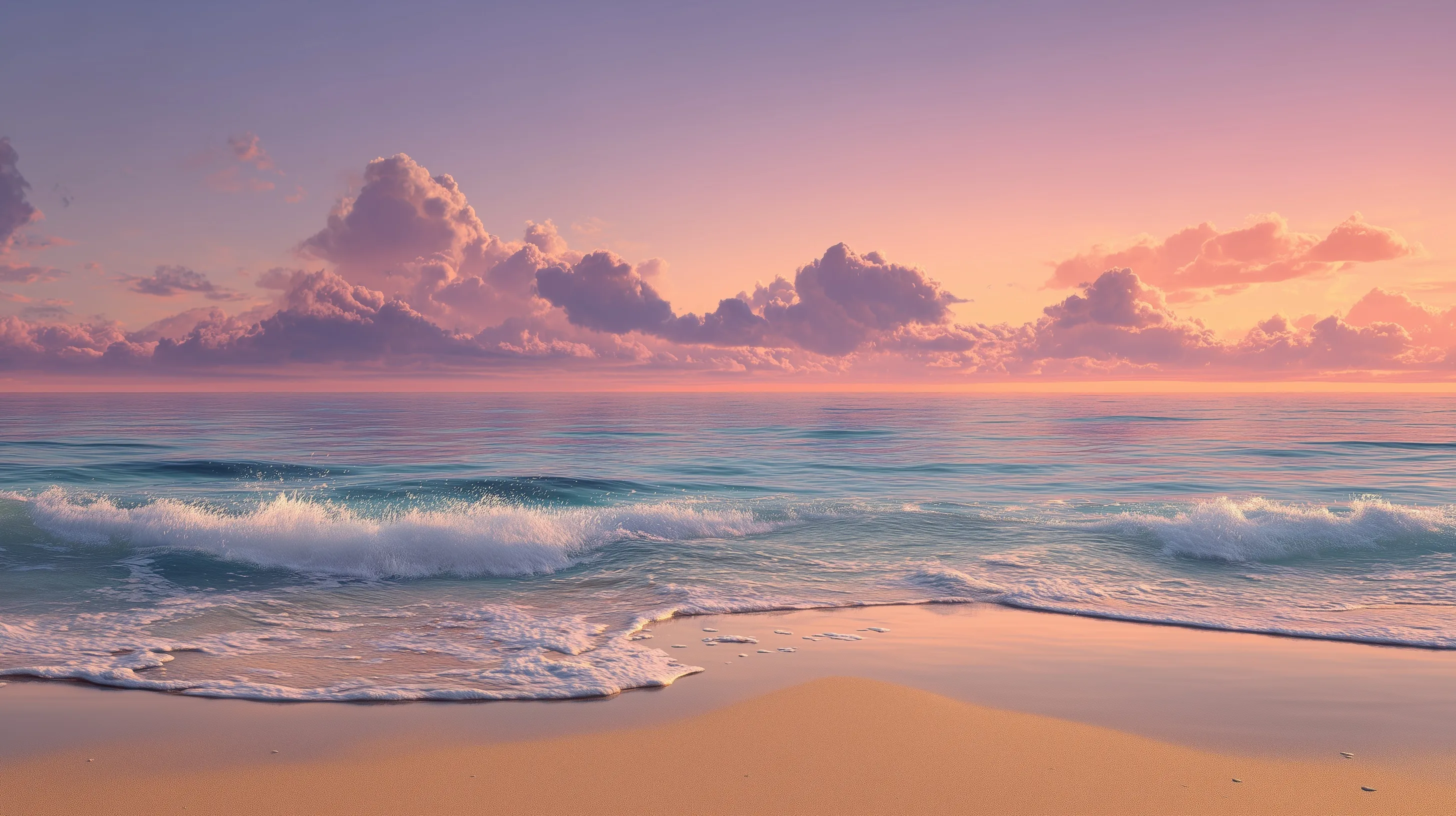 Serene beach sunset with golden sand, calm ocean waves, and a vibrant pastel orange and pink sky.