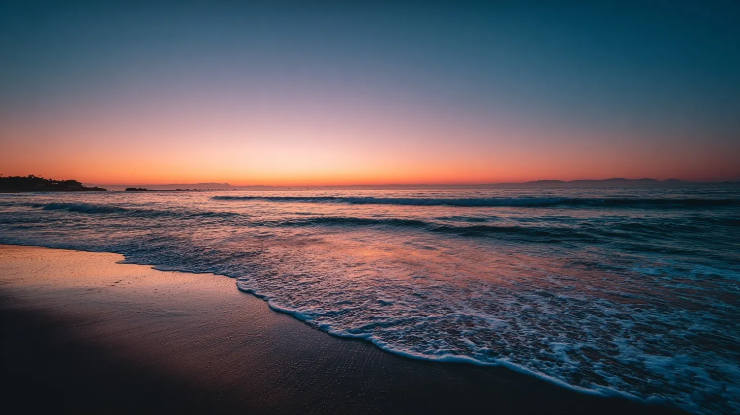 Realistic beach landscape at dawn with a vibrant gradient sky, perfect for smartphone wallpaper.