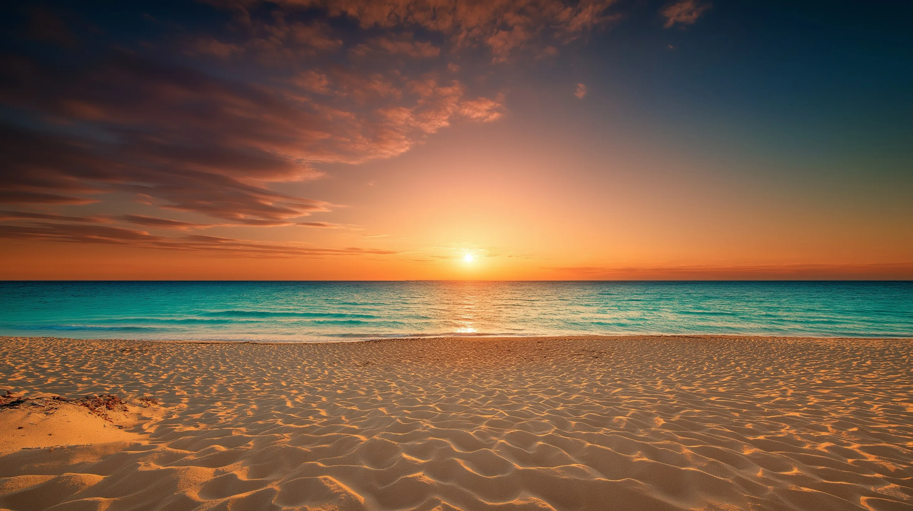 Sunset at Formentera beach with golden sun, turquoise water, and fine white sand under a vibrant orange sky.