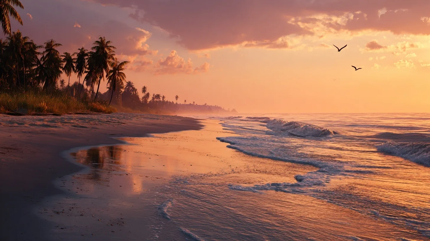 Cinematic sunset beach wallpaper with golden waves, palm silhouettes, and warm orange sky.