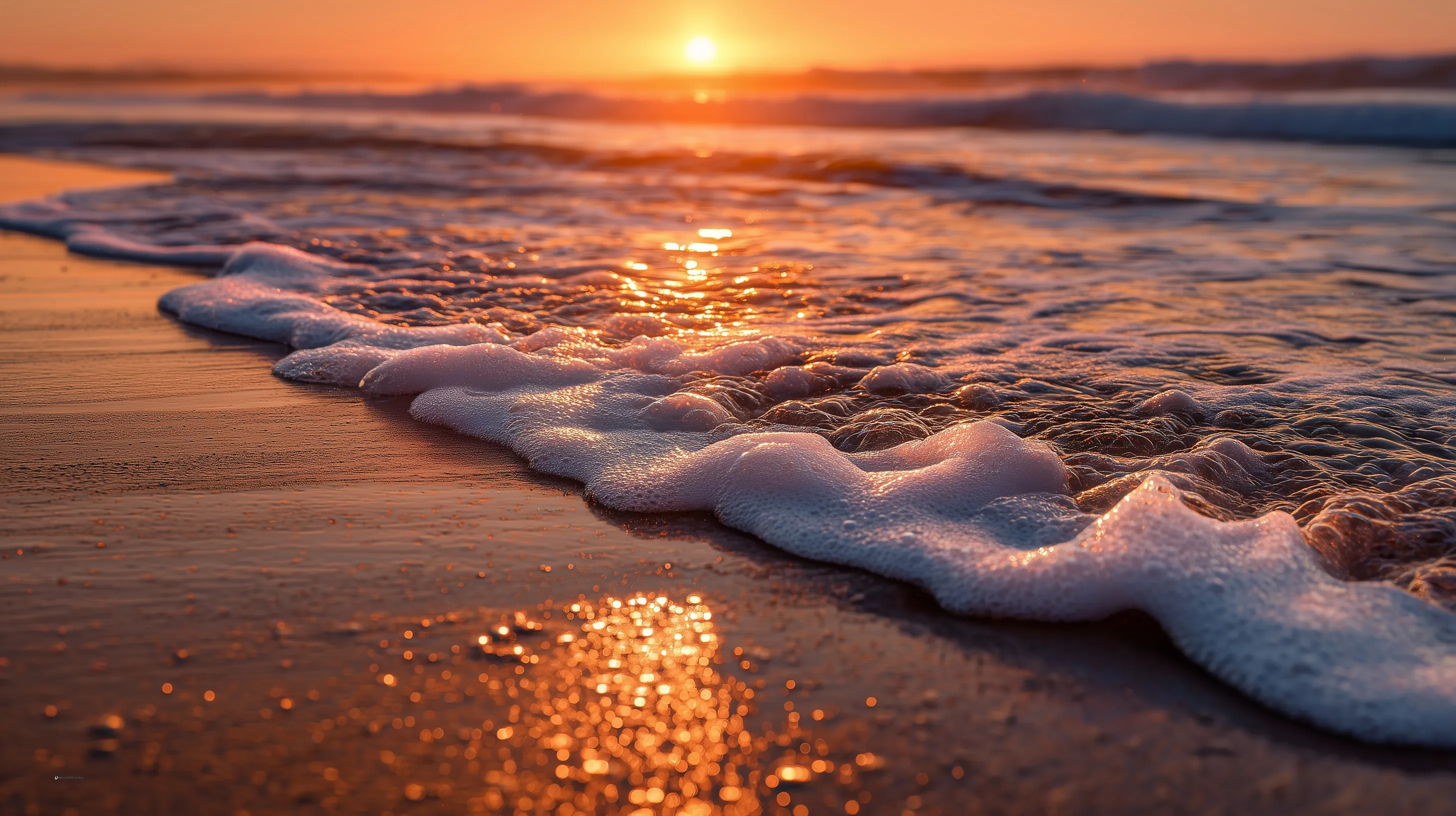 Golden hour sunrise over a tranquil beach with detailed foamy ocean waves washing onto the wet sandy shore.