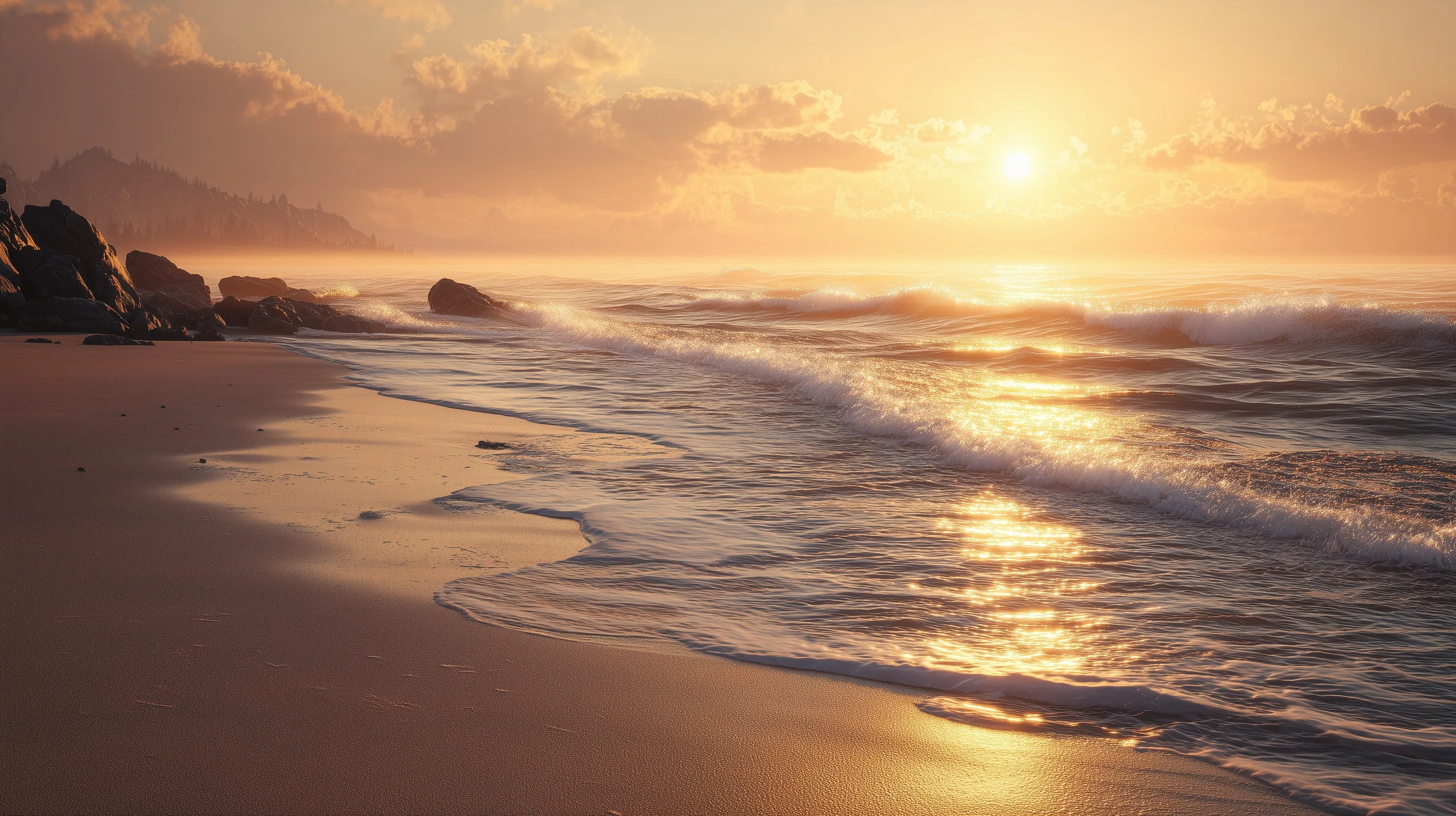 A photorealistic 4K sandy beach landscape featuring a vibrant orange sunrise over the ocean.