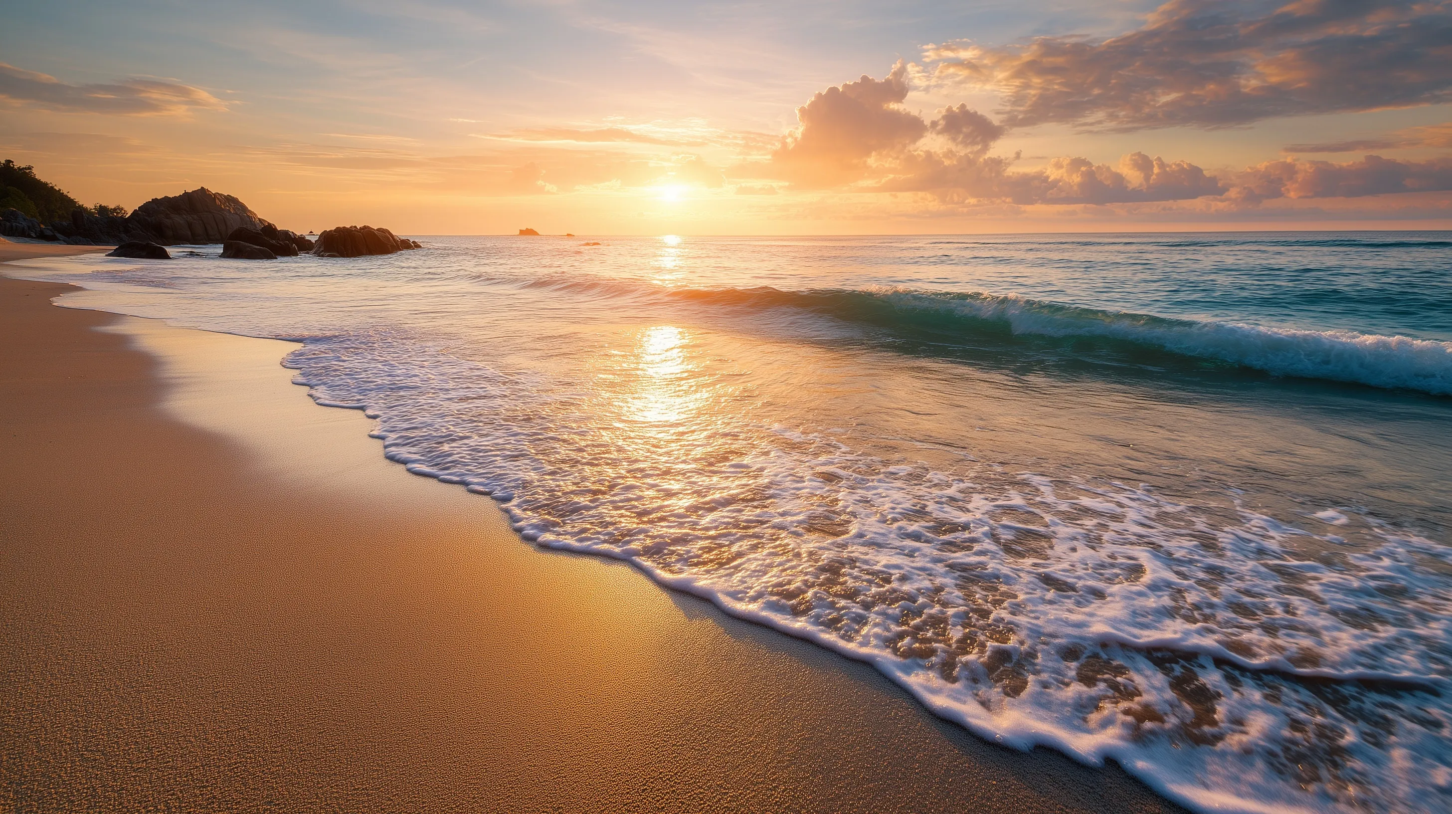 A serene beach at golden hour with calm, still water and golden sand, captured from a front-facing perspective.