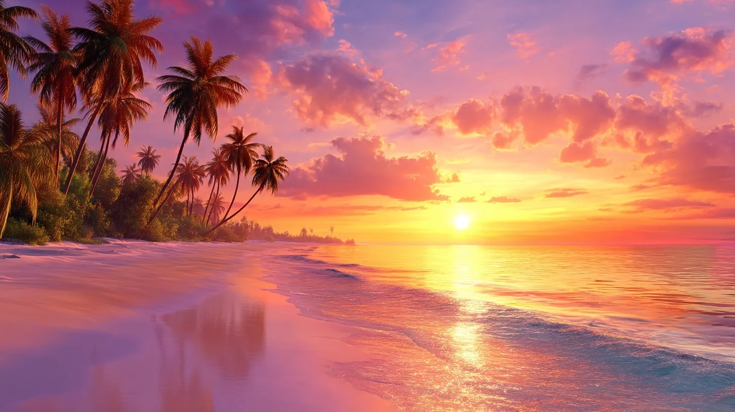 Tropical beach at sunset with silhouetted palm trees, glowing golden ocean, and warm white sand.