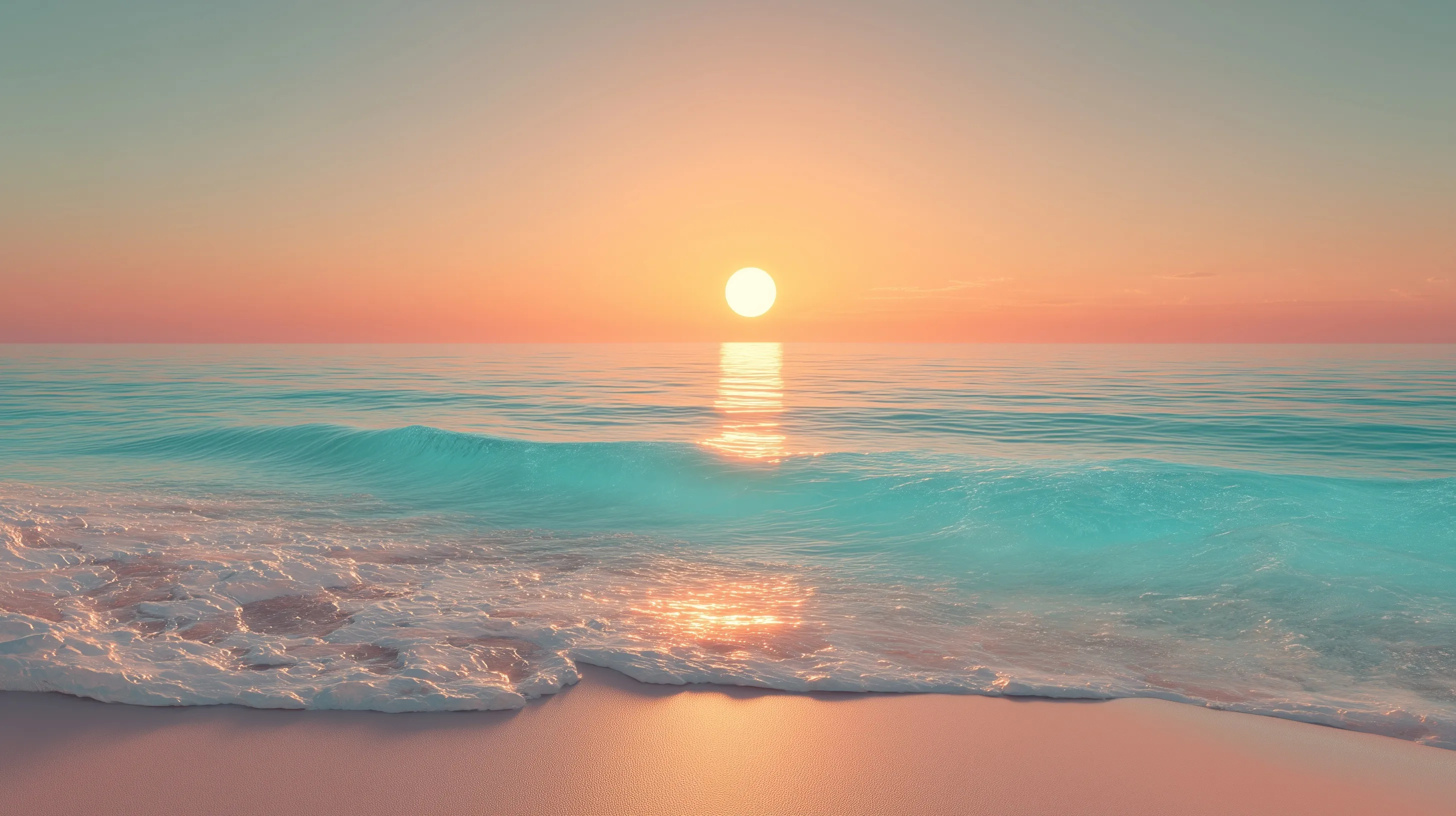 Minimal luxury tropical beach at sunrise with golden reflections on turquoise sea and a pastel peach sky.