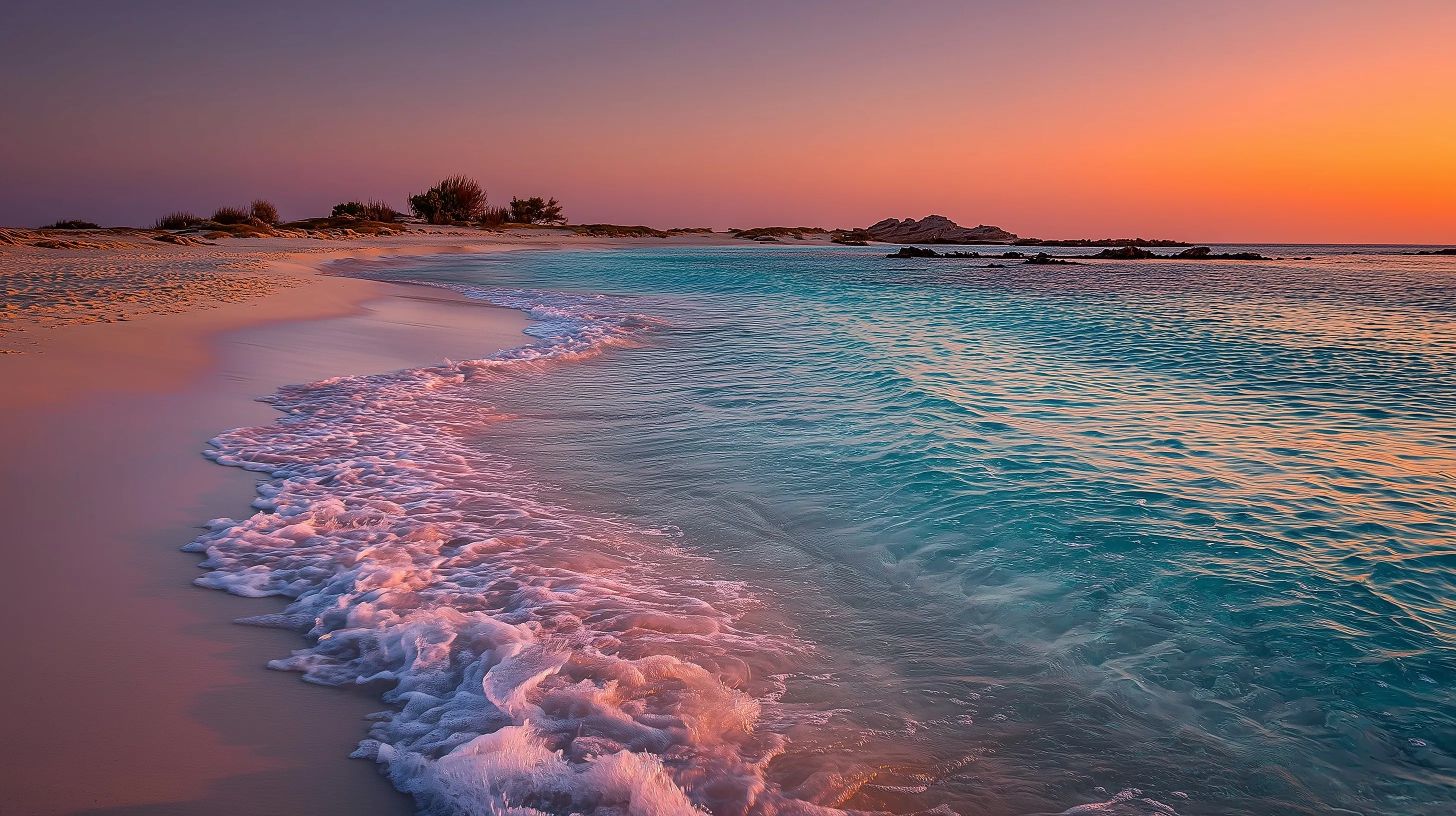A serene empty white sandy beach during a vibrant golden sunset, perfect for a relaxing desktop wallpaper.