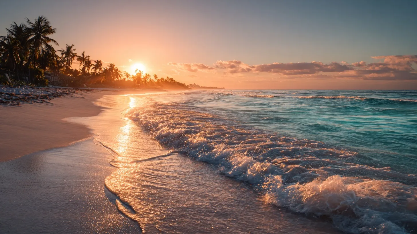 A serene Caribbean sunset over a pristine beach with turquoise waves and silhouetted palm trees in golden light.