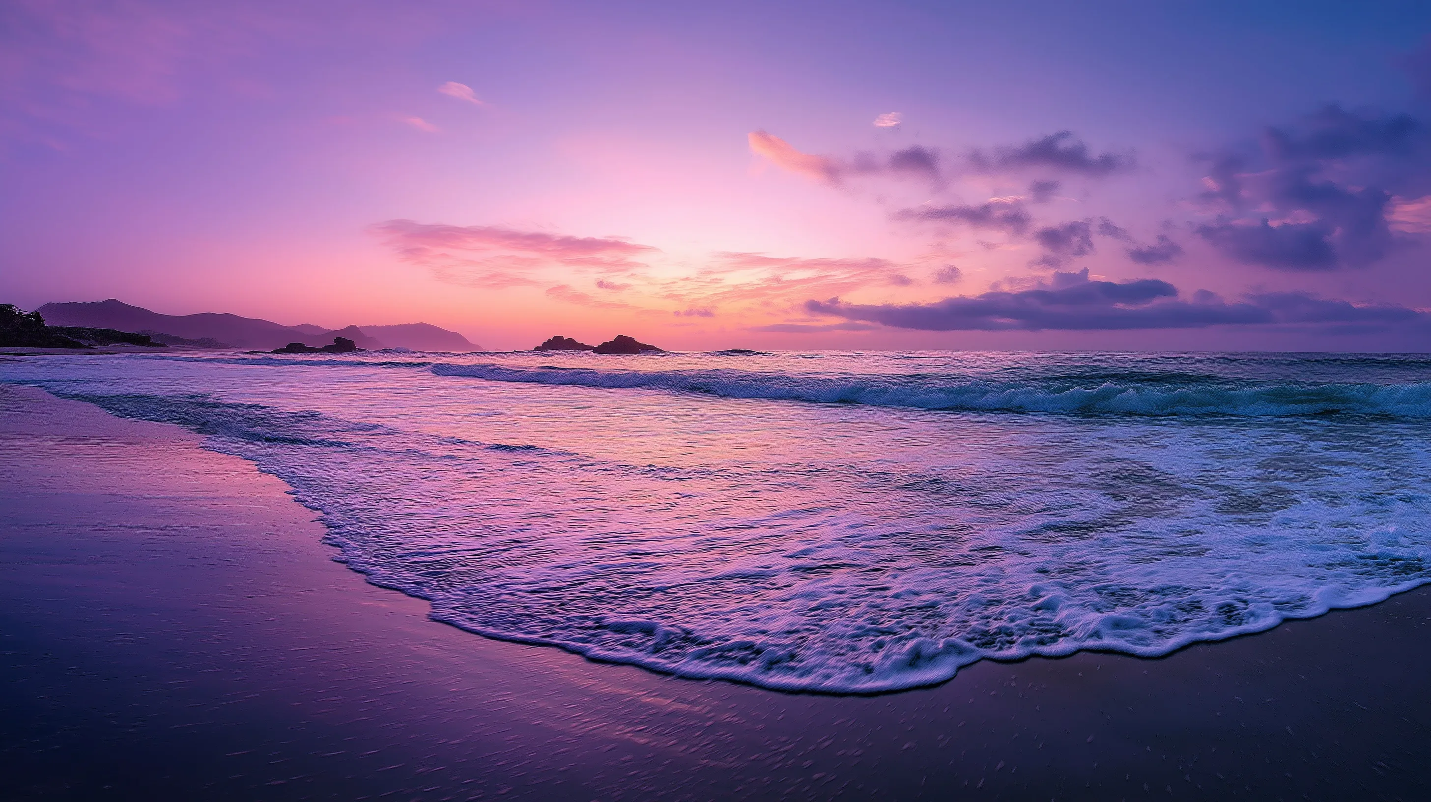 Panoramic sunrise beach wallpaper with pastel sky, gentle waves, and serene ocean horizon in 8k resolution.