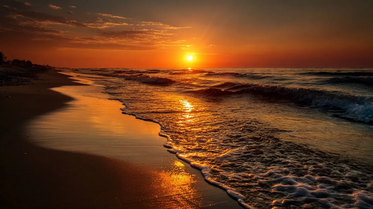 Vibrant sunset at the water's edge on a sandy beach with glowing orange sky and calm waves.