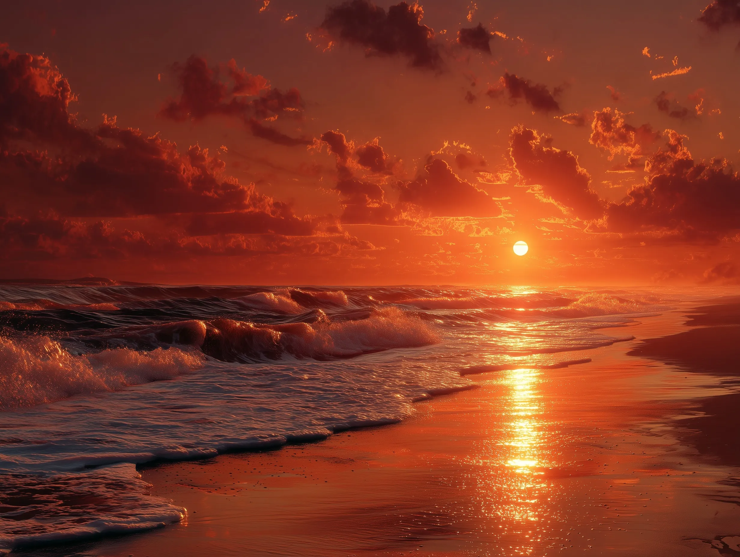 A fiery sunset beach with molten sun, glowing orange waves, and detailed wet sand under a dramatic crimson sky.