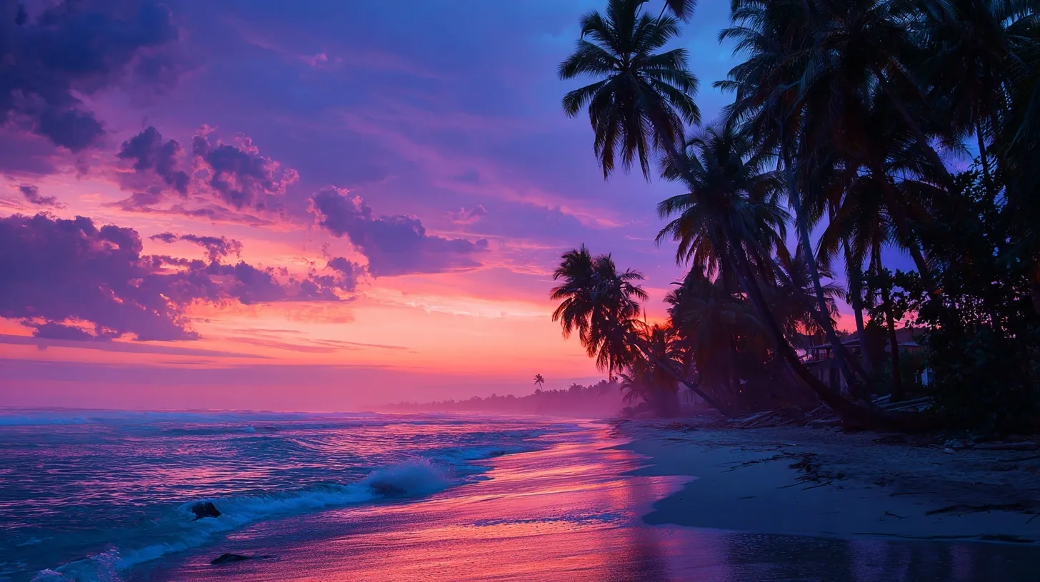 Silhouette of palm trees on a tropical beach during a vibrant sunset at dusk.