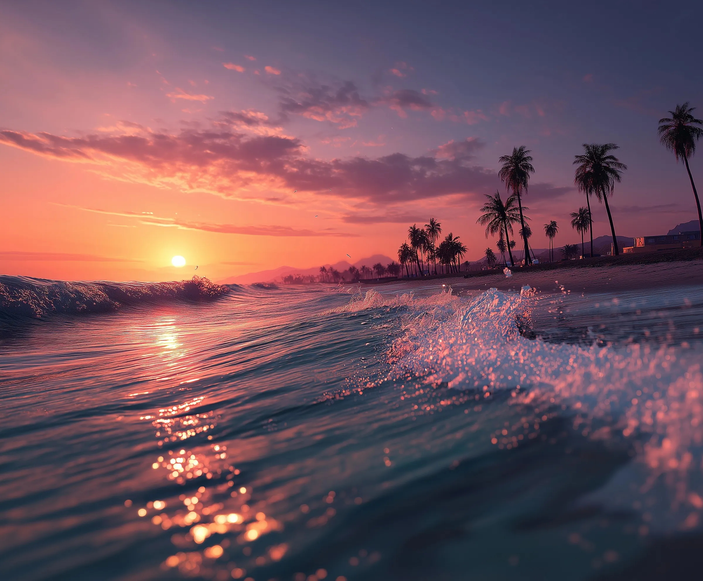 Low-angle view of ocean waves with palm tree silhouettes against a vibrant sunset sky on a tropical beach.