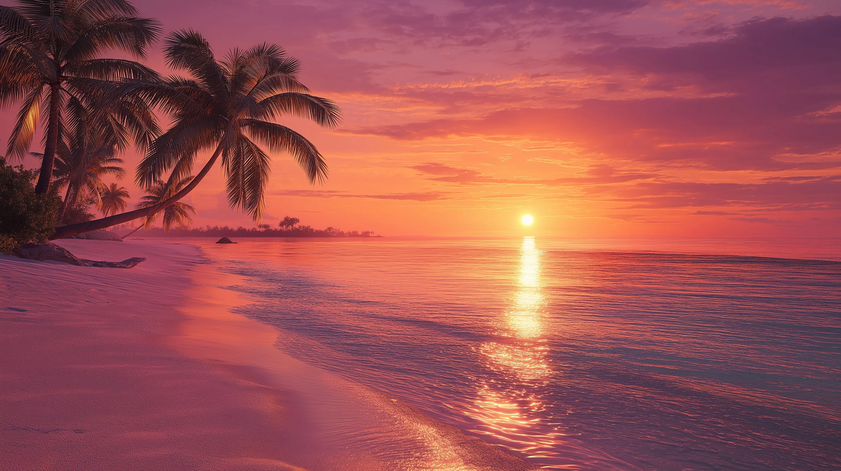Tropical beach at sunset with silhouetted palm trees, calm ocean, and vibrant pink and golden sandy shoreline.