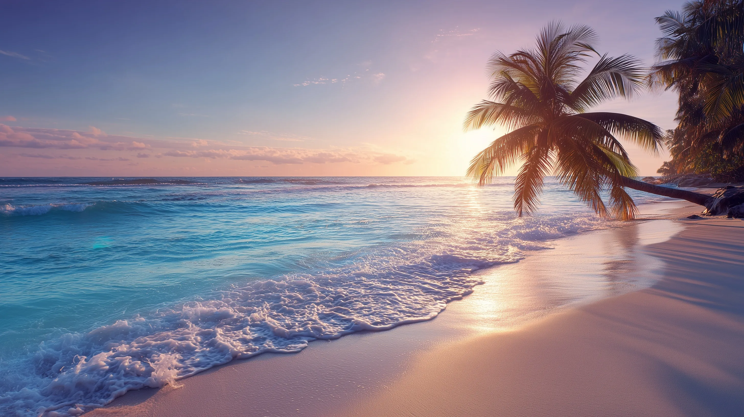 Sunset at a tropical beach with a palm tree, crystal clear waves, and vibrant orange and purple sky.