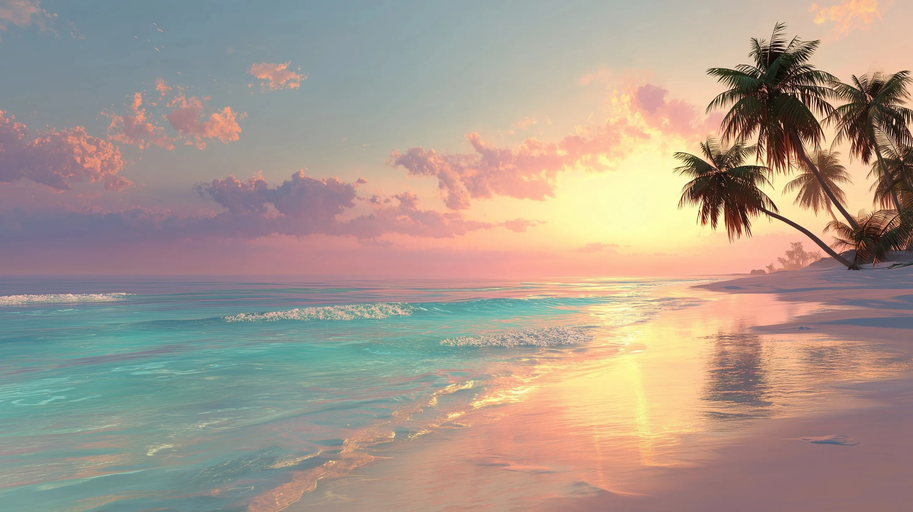 Realistic sunset beach wallpaper with silhouette palm trees and clear turquoise water.