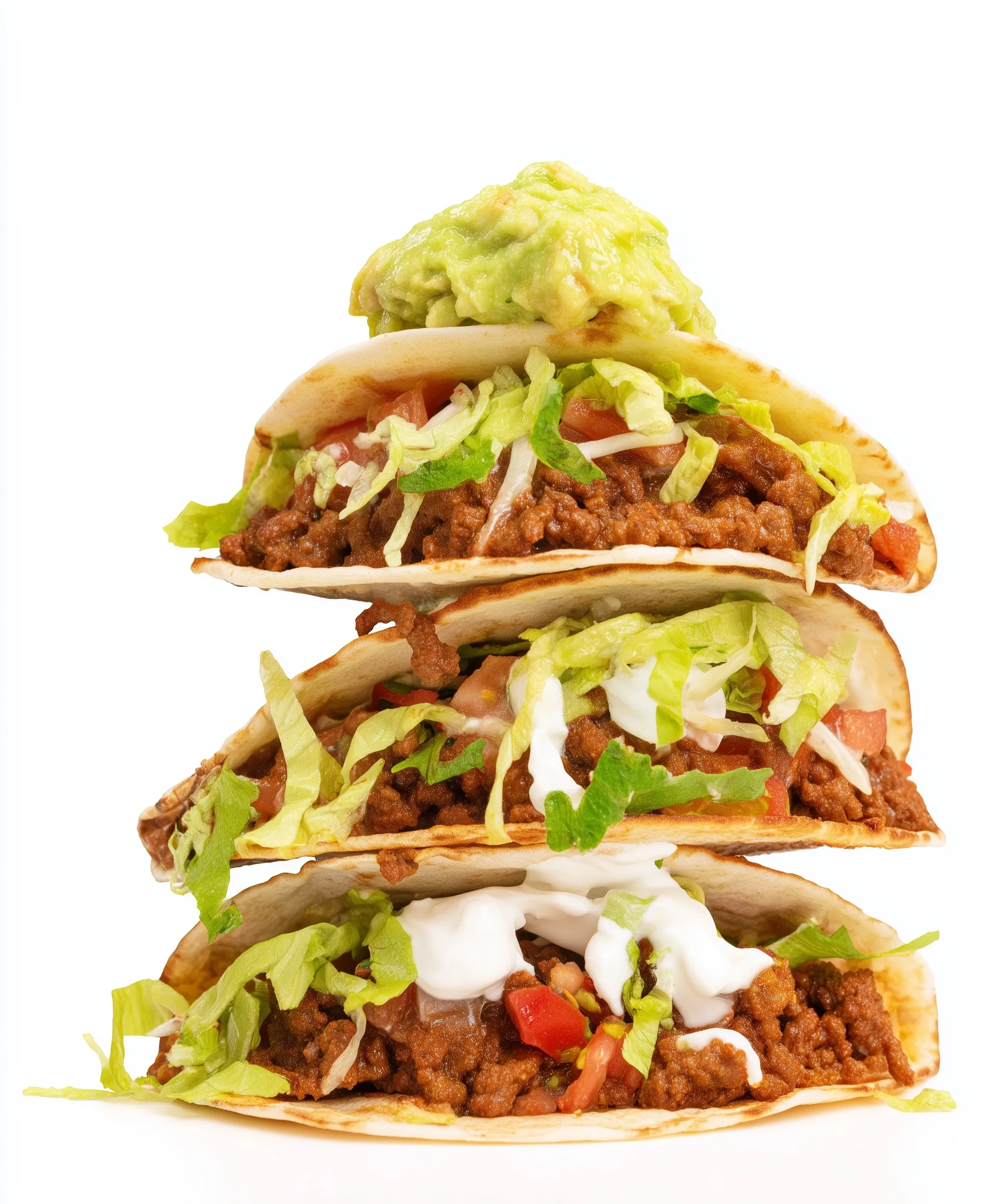 A stack of beef tacos topped with guacamole and sour cream on a white background, studio shot.