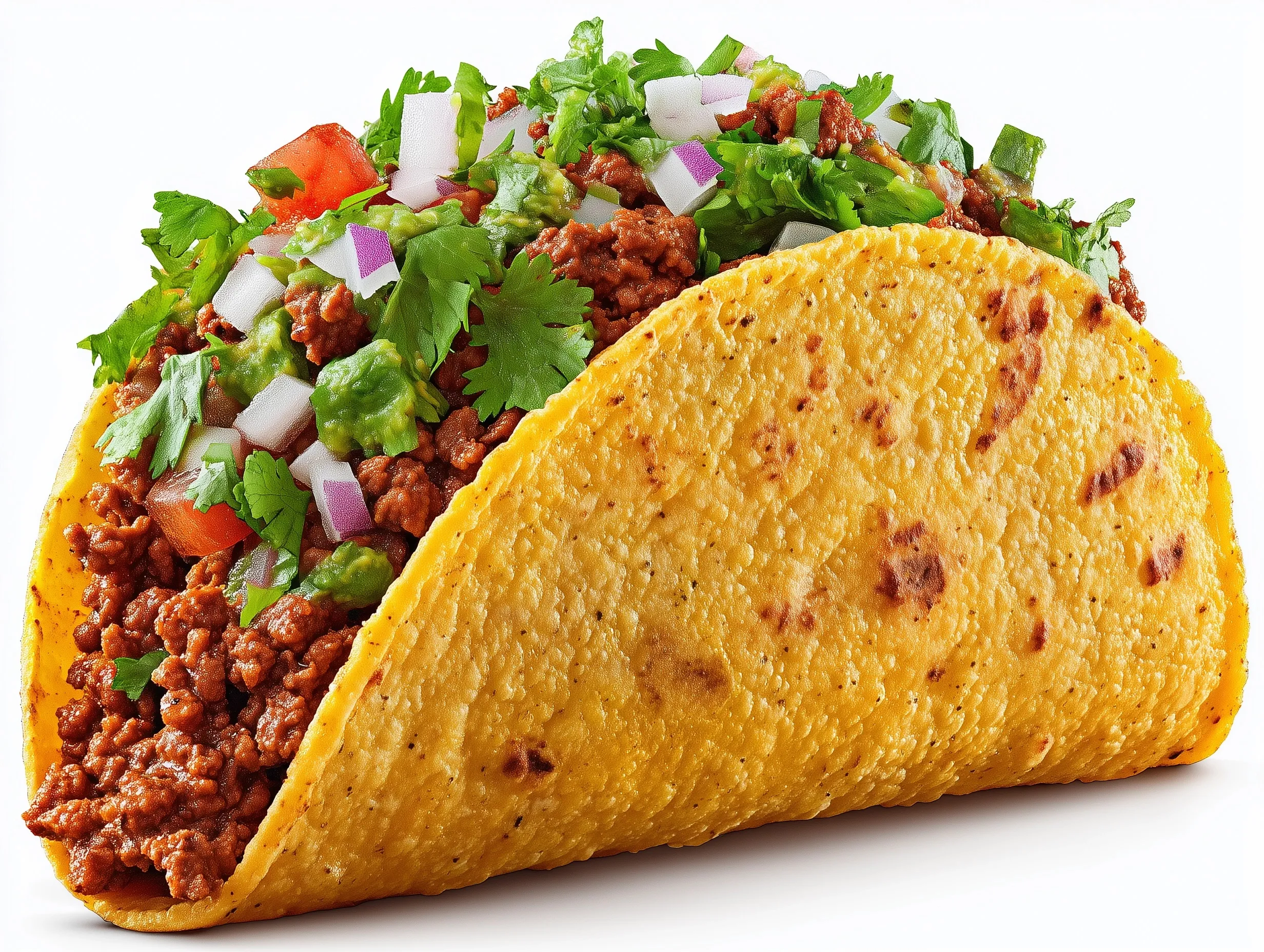 A single, gourmet taco with seasoned meat, cilantro, and onion, isolated on a clean white background.