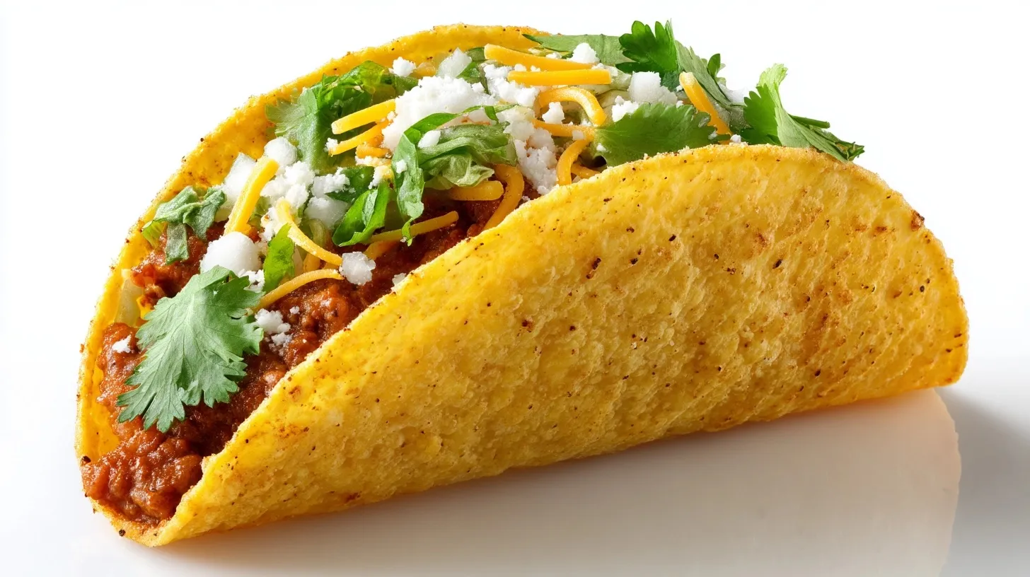 A hyperrealistic 4K cinematic shot of a delicious Mexican taco isolated on a clean white background.