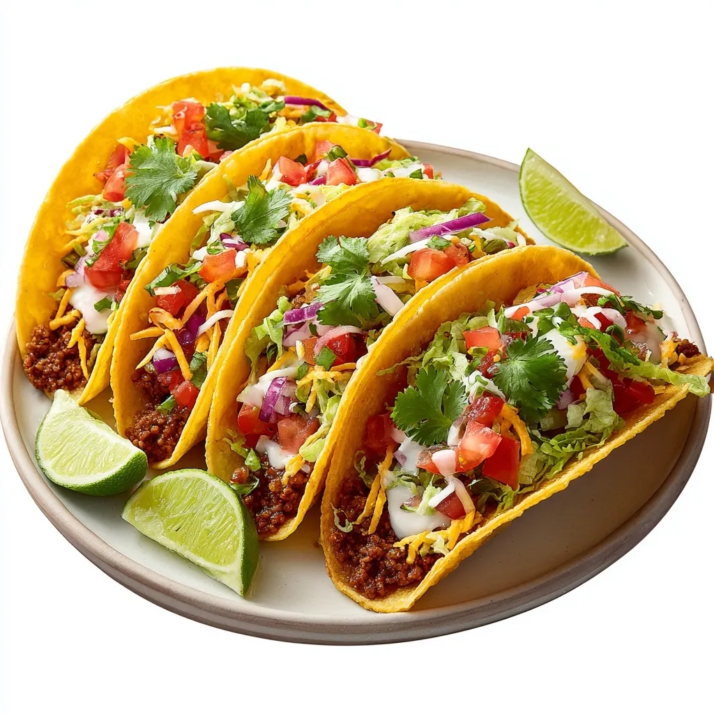 A delicious platter of assorted tacos floating in mid-air against a clean white background.