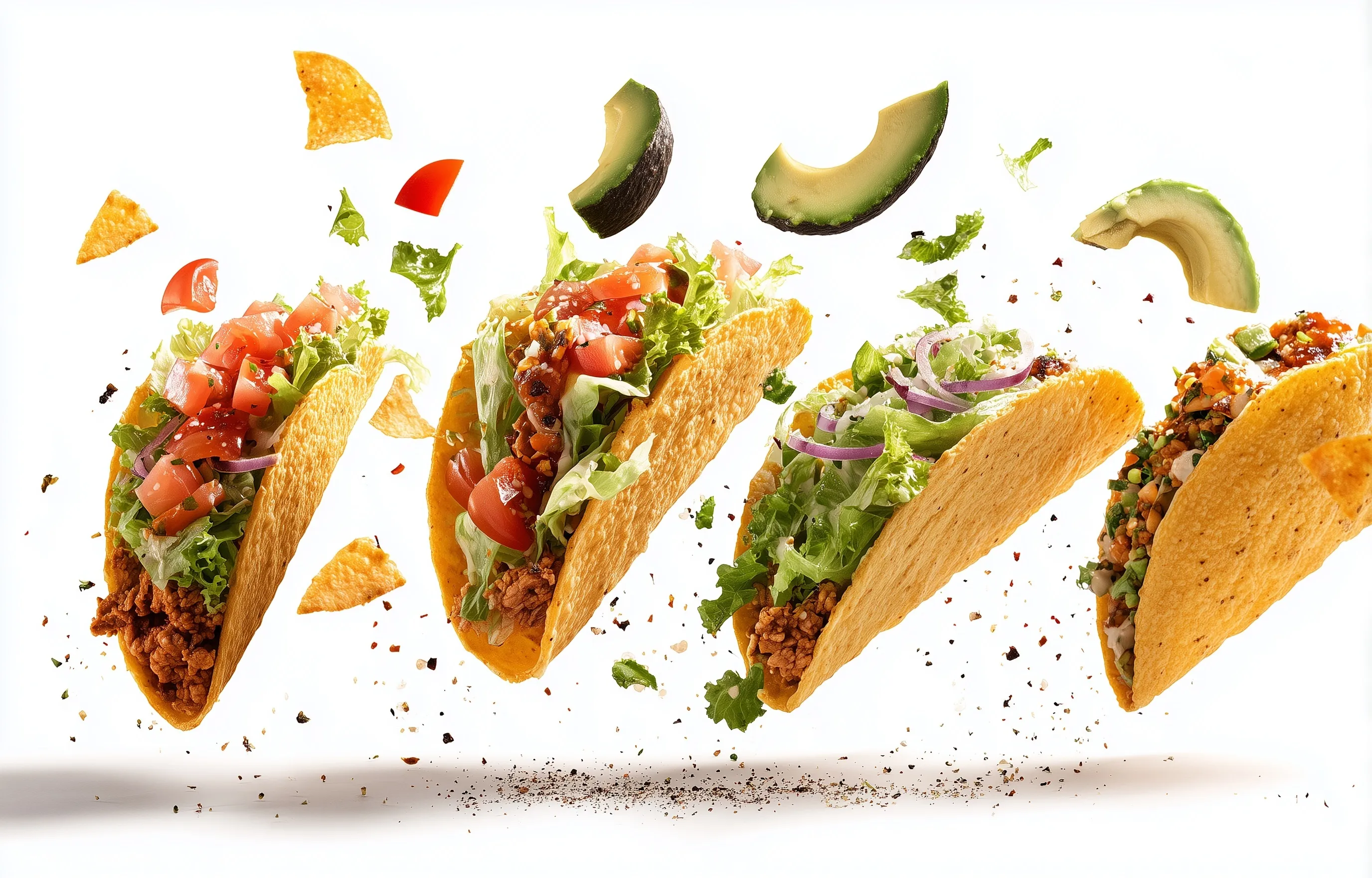 Four floating gourmet tacos with salmon, meat, chili, avocado, and salad ingredients isolated on white background.
