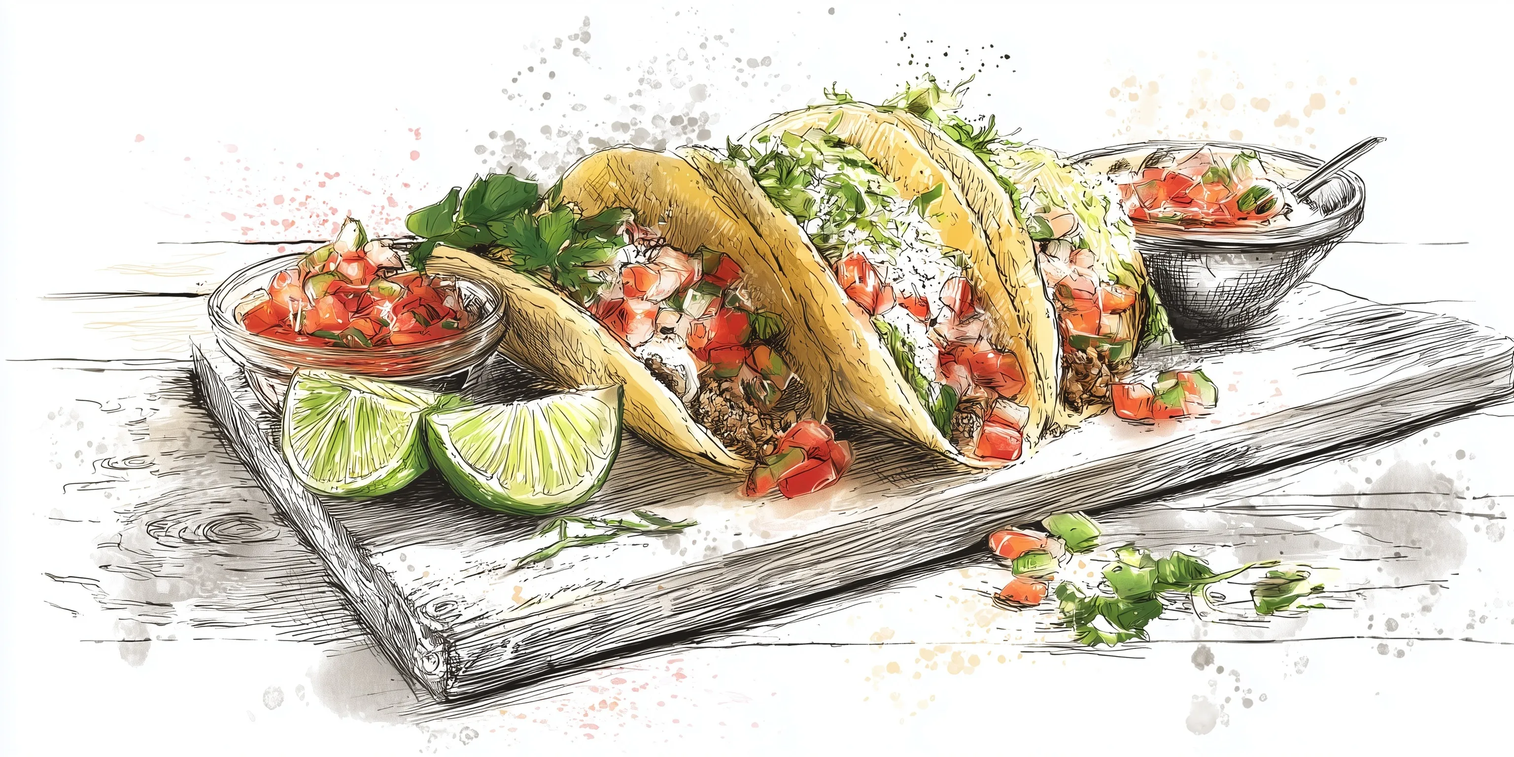 A colorful pencil sketch illustration of a taco board with salsa and lime wedges on a clean white background.