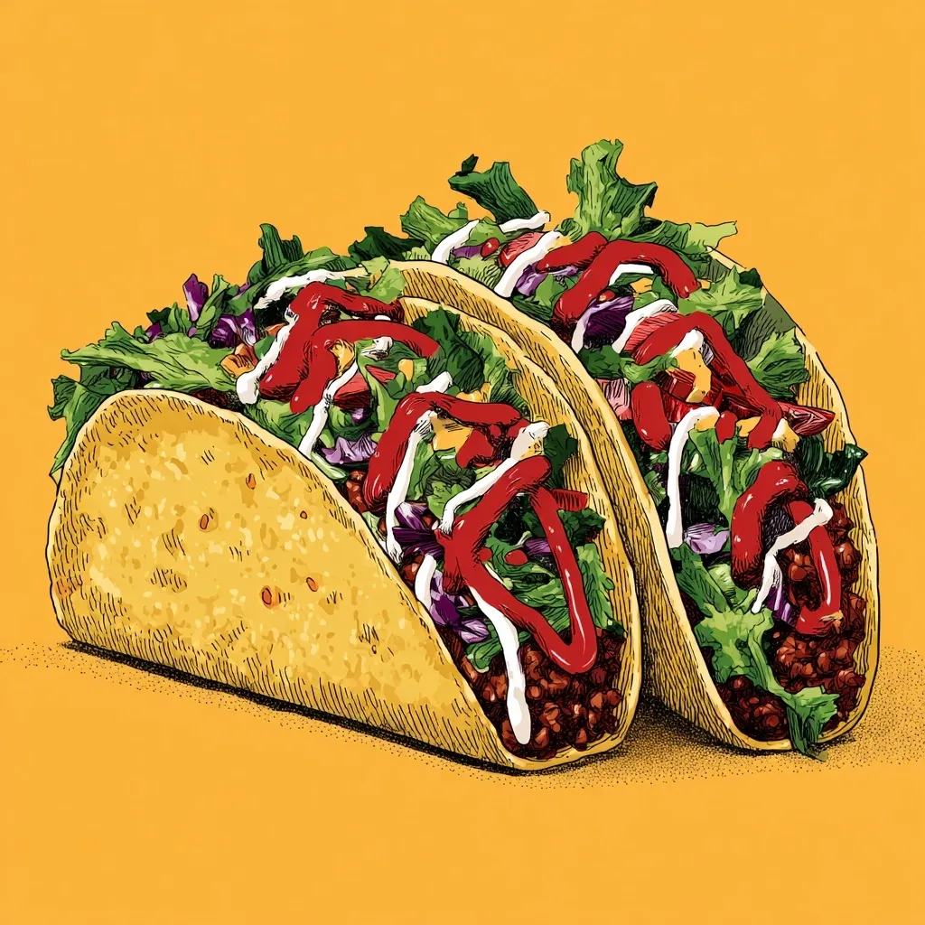 Three delicious beef tacos topped with fresh salad and spicy hot sauce in a graphic illustration.