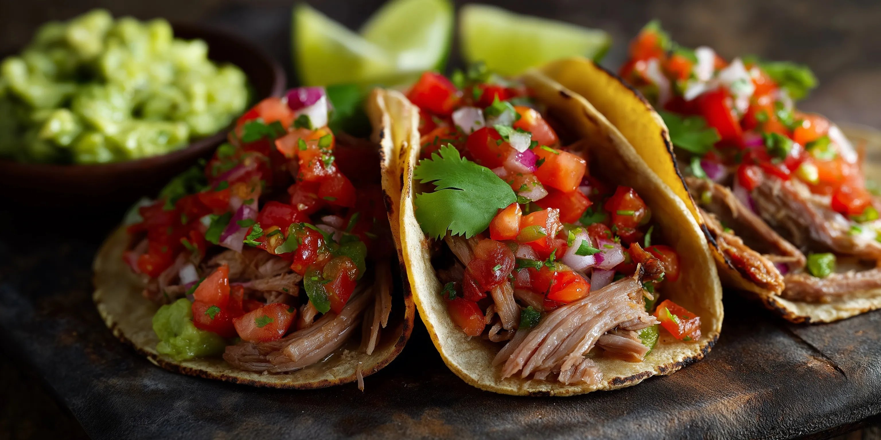 Fresh carnitas tacos topped with vibrant pico de gallo and creamy guacamole in a professional food photography style.
