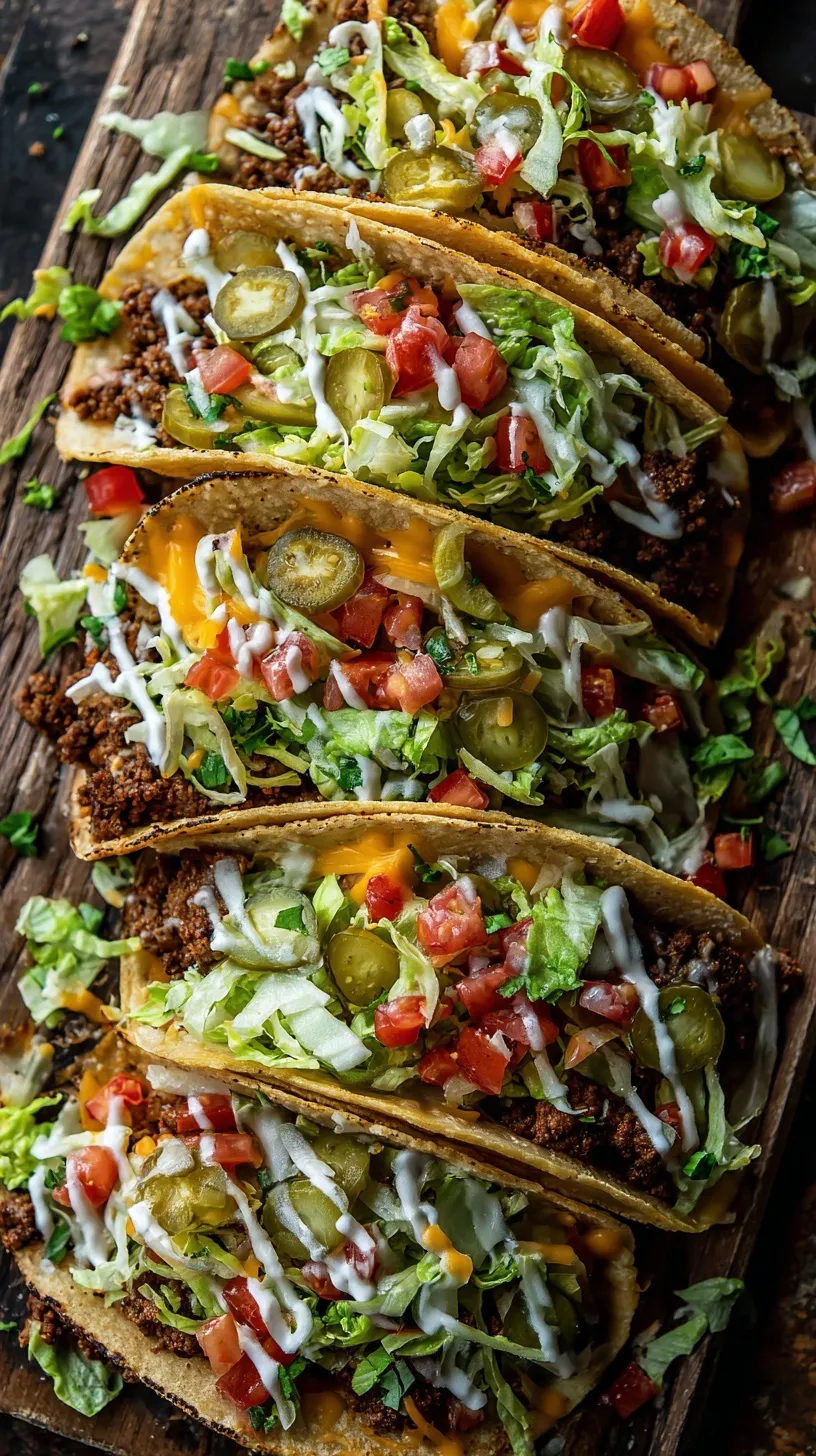 Top-down view of smashburger tacos with melted cheese, fresh toppings, and sauce on a rustic wooden board.