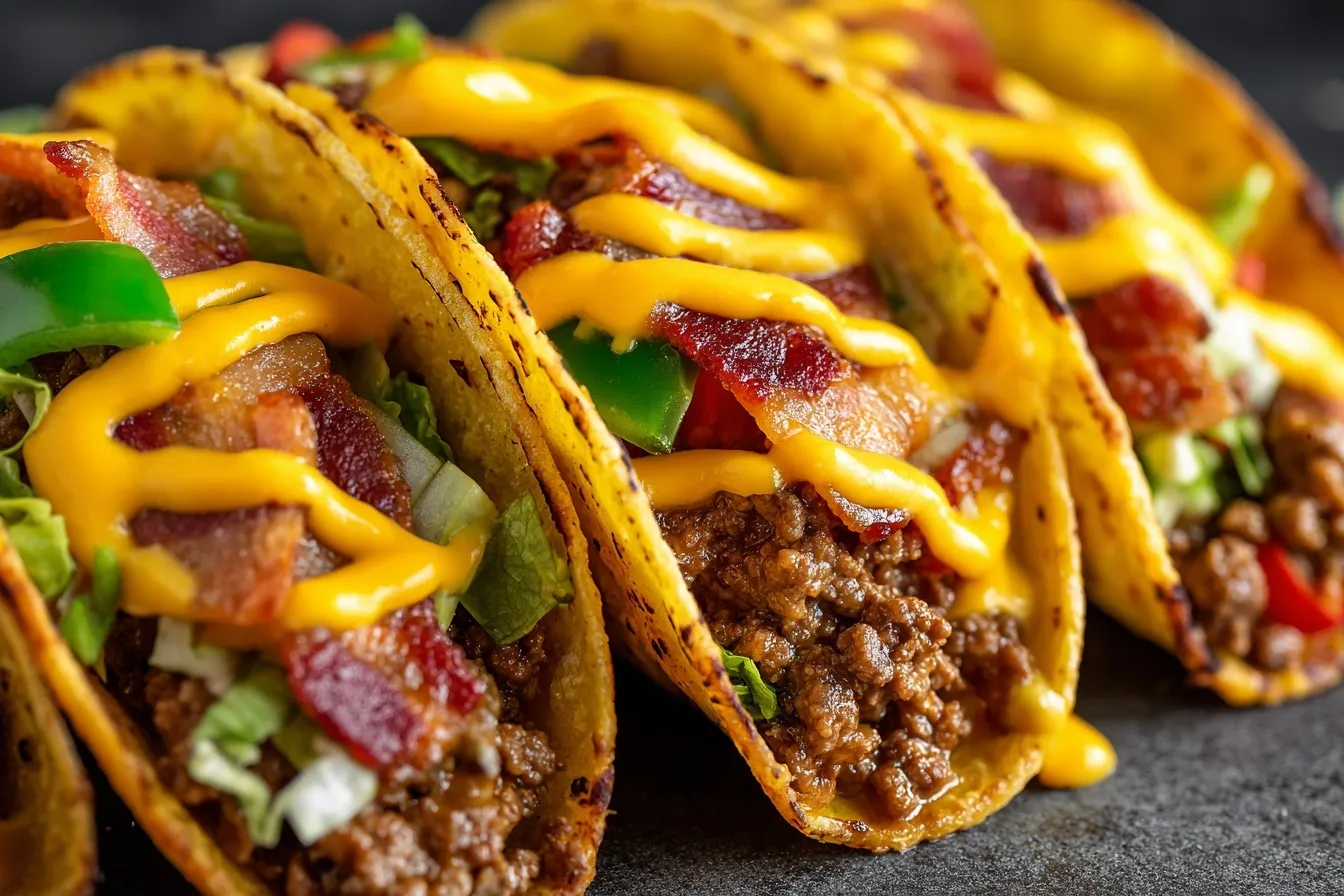 Extreme close-up of delicious tacos with ground beef, bacon, cheddar sauce, and green bell peppers on golden tortillas.
