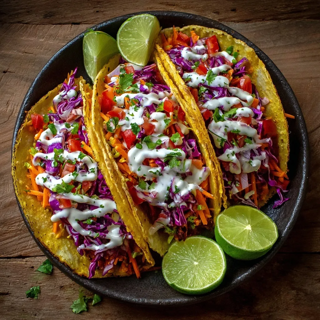 A fresh gourmet taco filled with colorful chopped vegetables, red cabbage, and white dressing served with lime.