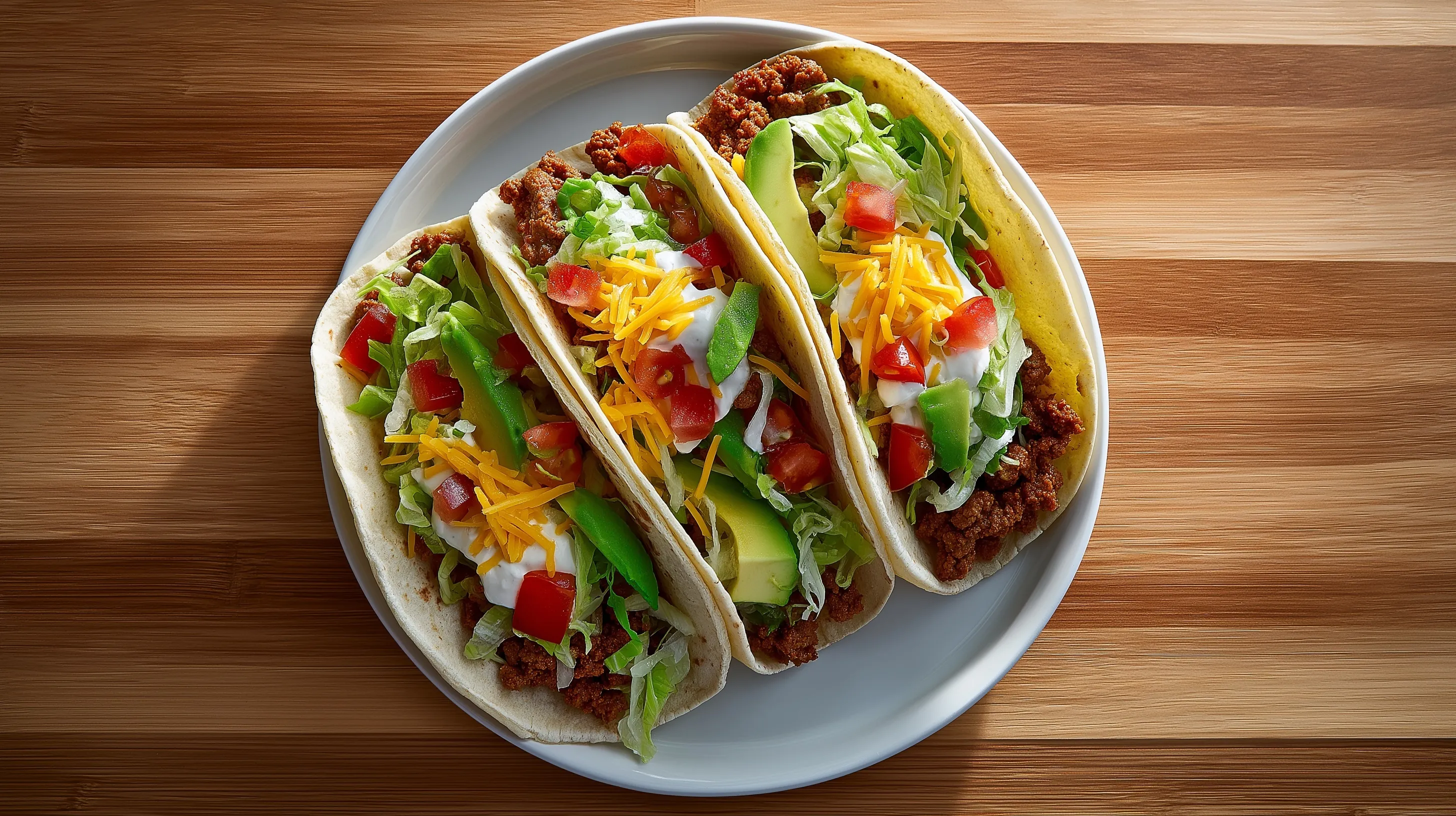 A top-down view of three gourmet tacos on a white ceramic plate over a light wood surface, minimal food photography.