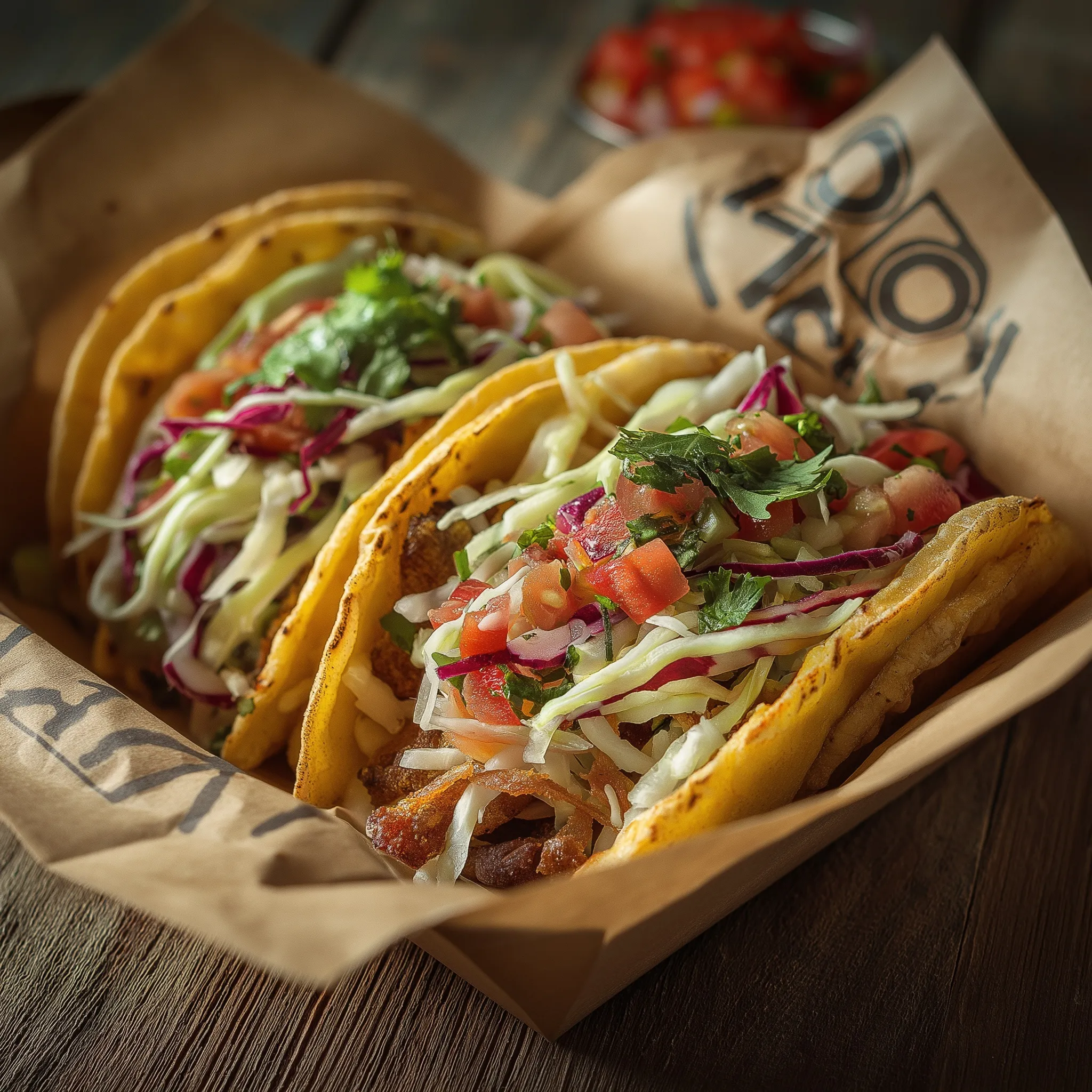 A delicious street-style taco with fresh toppings served on a rustic wooden table.