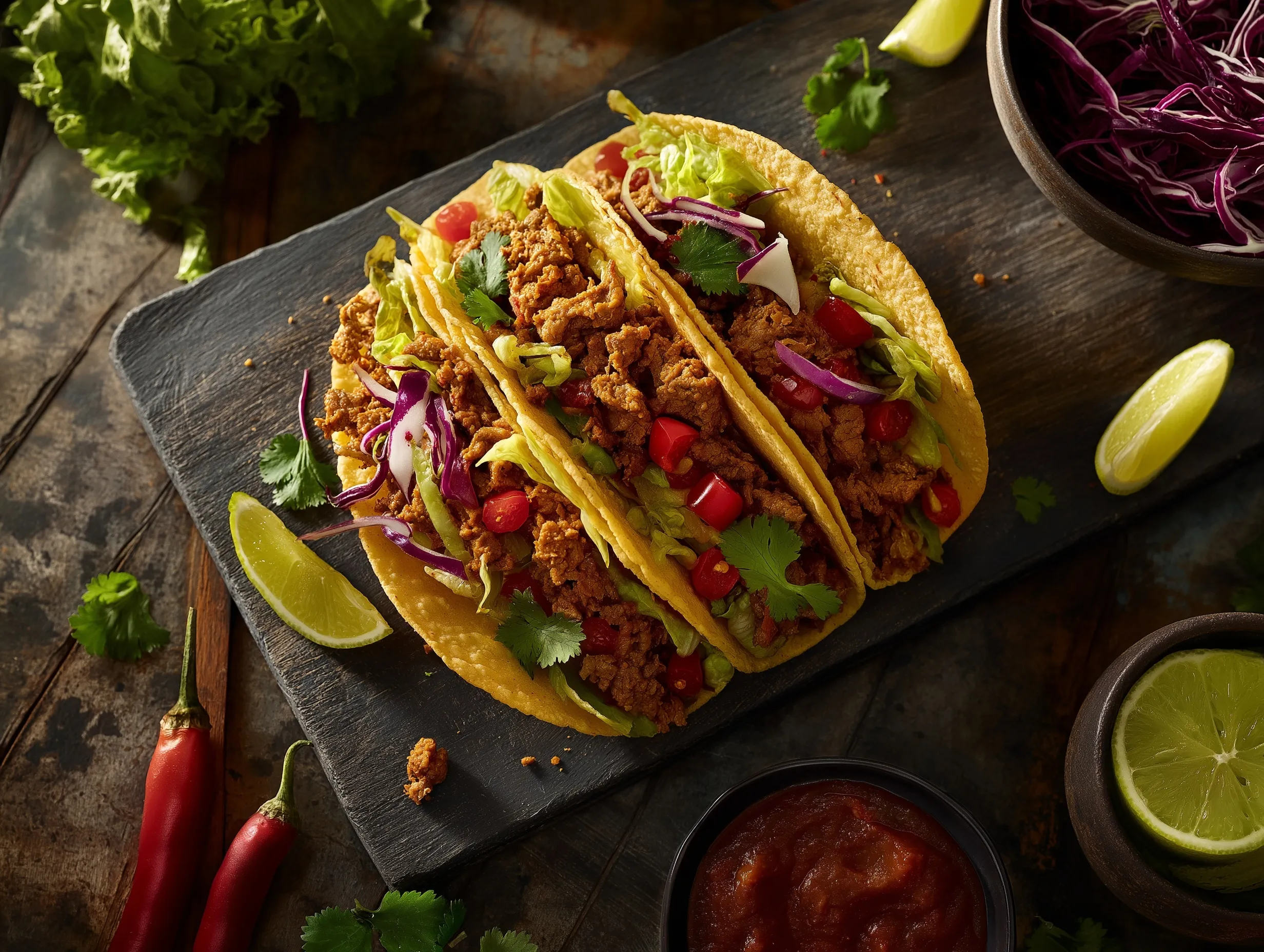 A modern, top-down view of a delicious minced meat taco meal on a rustic table in natural sunlight.