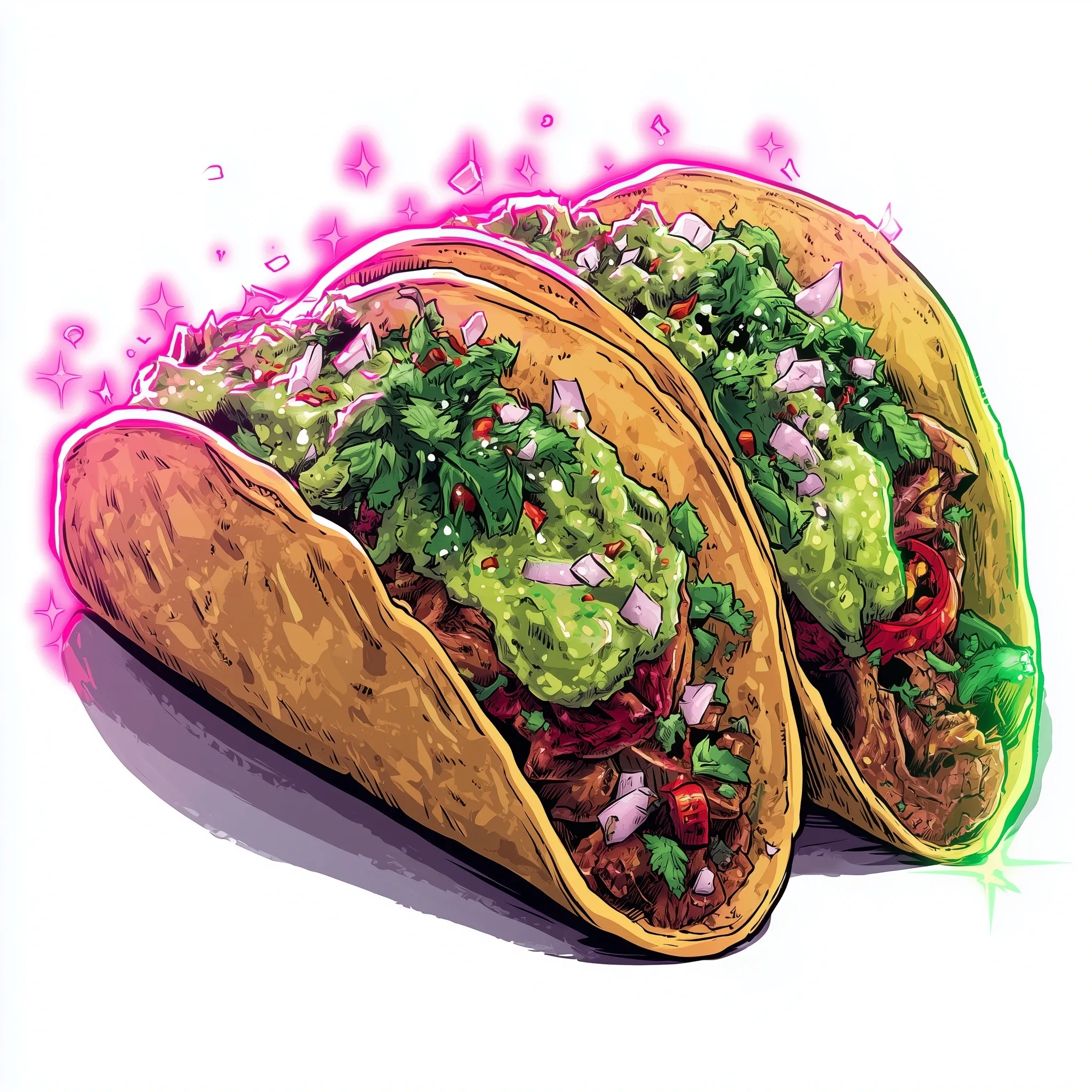Cartoon beef fajita tacos with cilantro, onion, and guacamole salsa glowing against a clean white background.