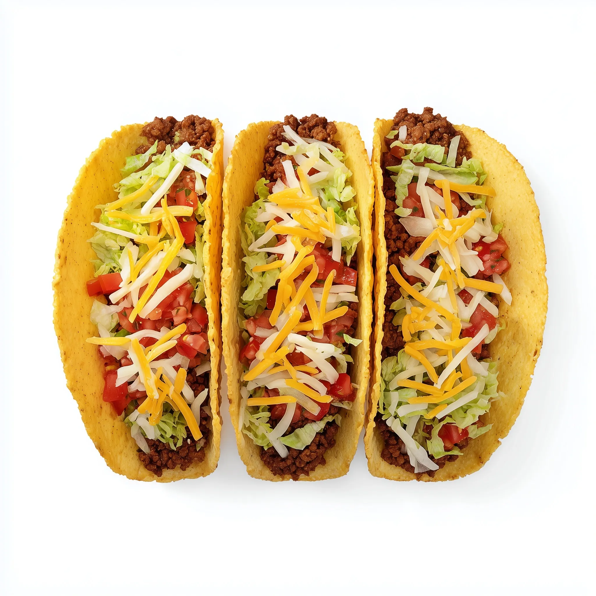 Top-down view of three delicious beef tacos with salsa, lettuce, and cheese, isolated on a white background.