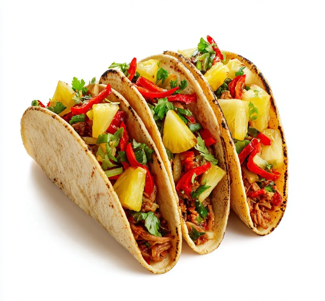 Gourmet tacos with red peppers and pineapple on a clean white background, professional food photography.