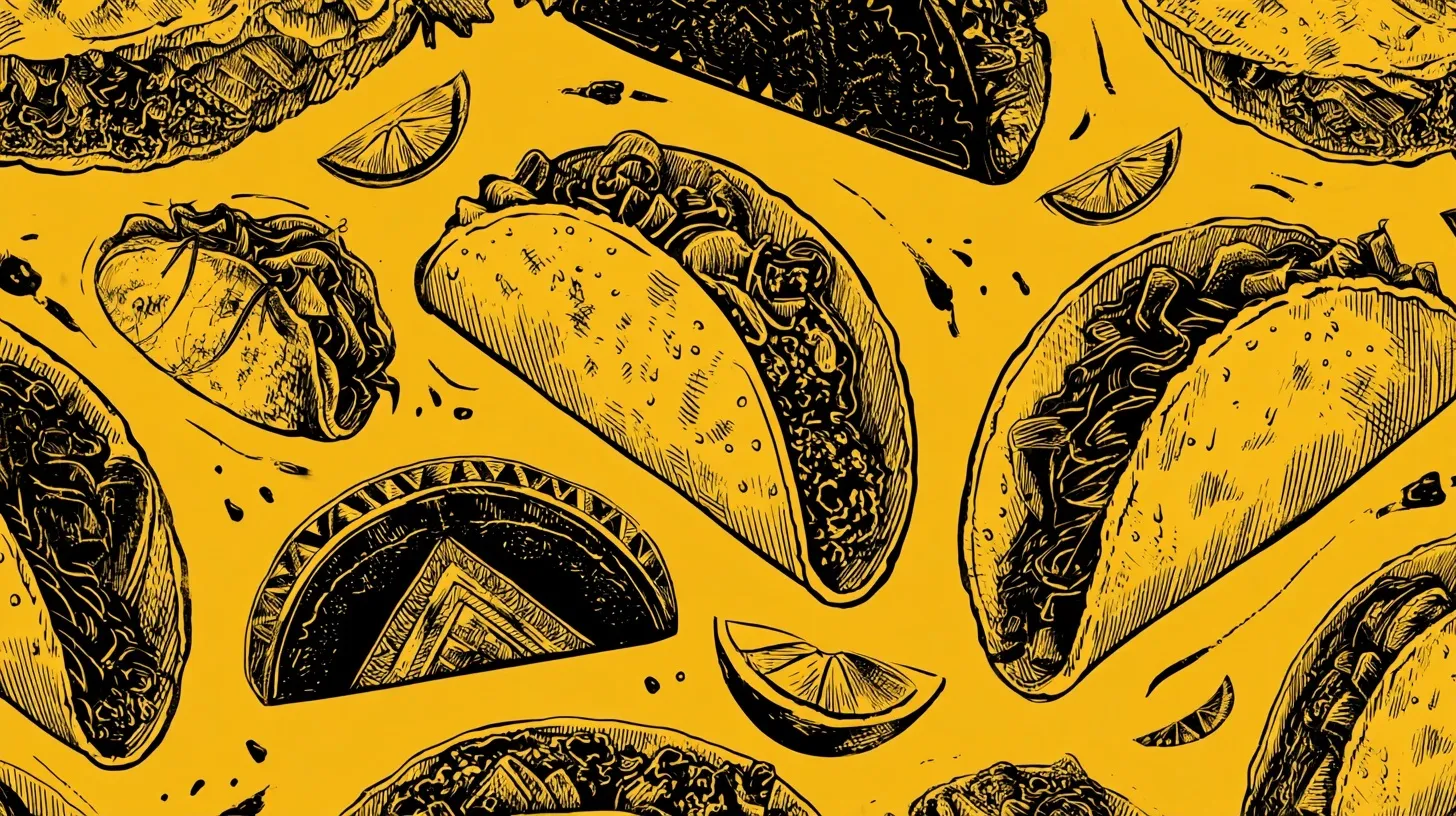 Engraved illustration of a taco in yellow, black, and red, featuring a vintage woodcut style.