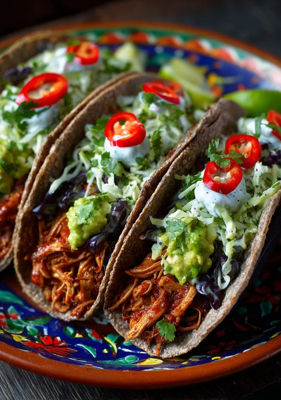 Homemade flax seed softshell tacos with shredded chicken, guacamole, and salsa on a decorative Mexican plate.